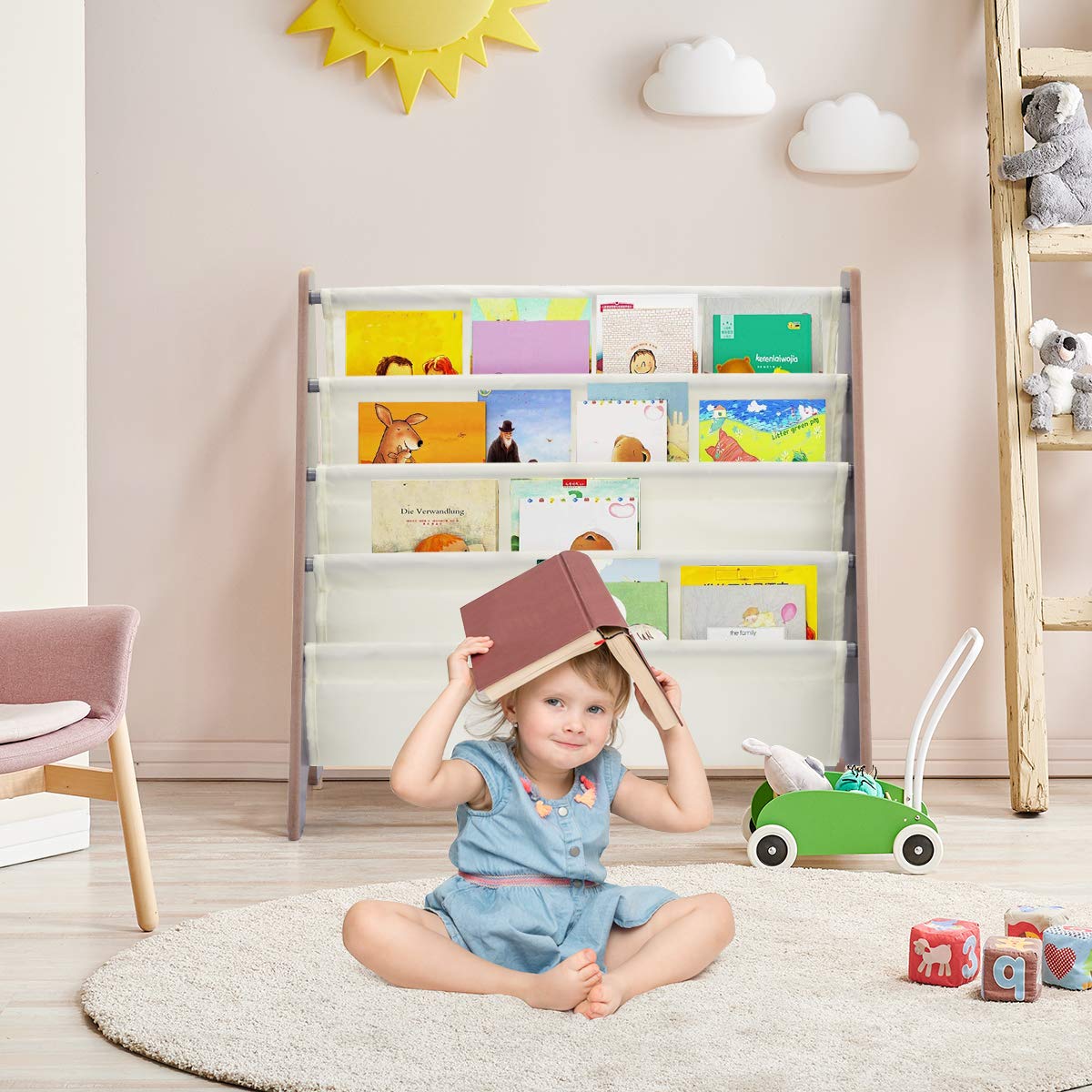 GYMAX Children Sling Bookcase with Fabric Shelves