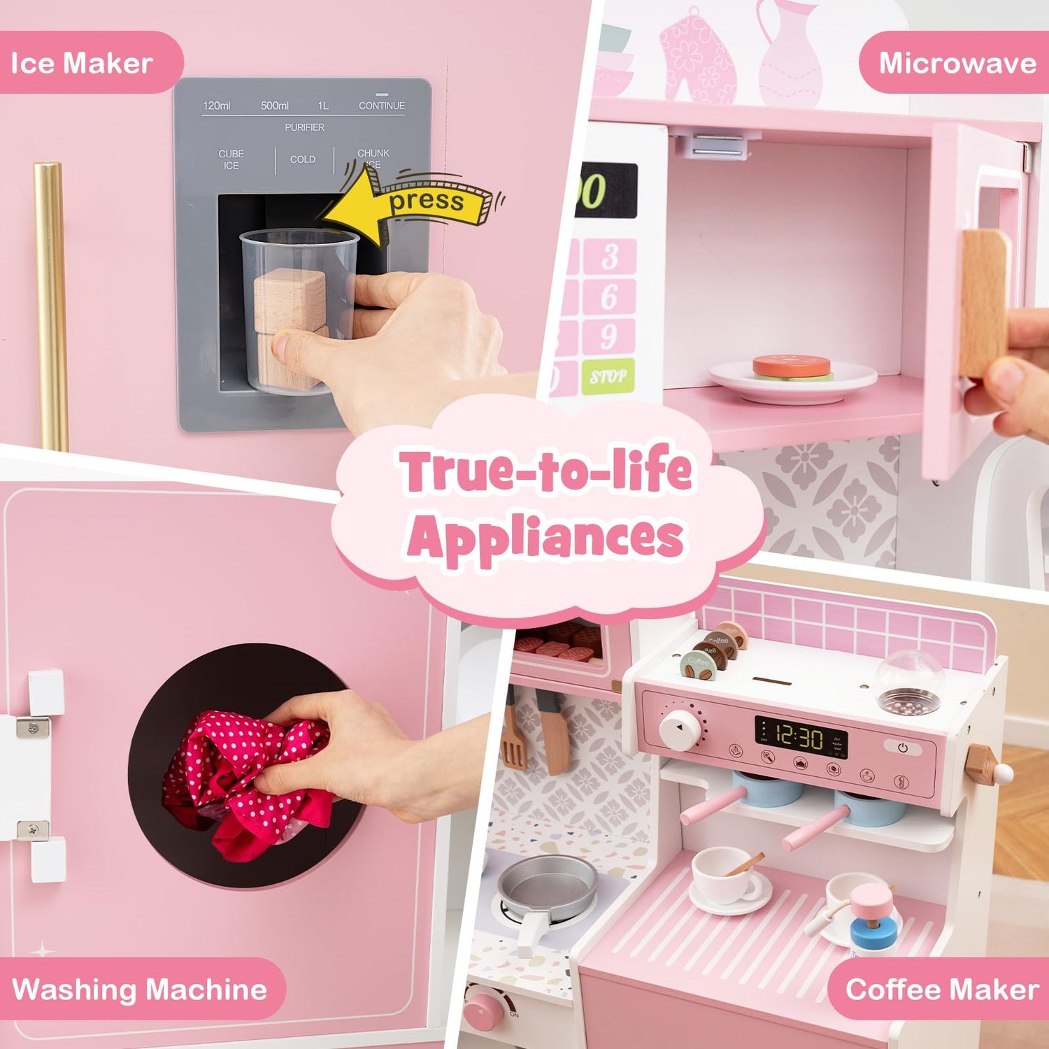GYMAX Kids Play Kitchen, Wooden Toy Kitchen with Stoves, Microwave, Washing Machine