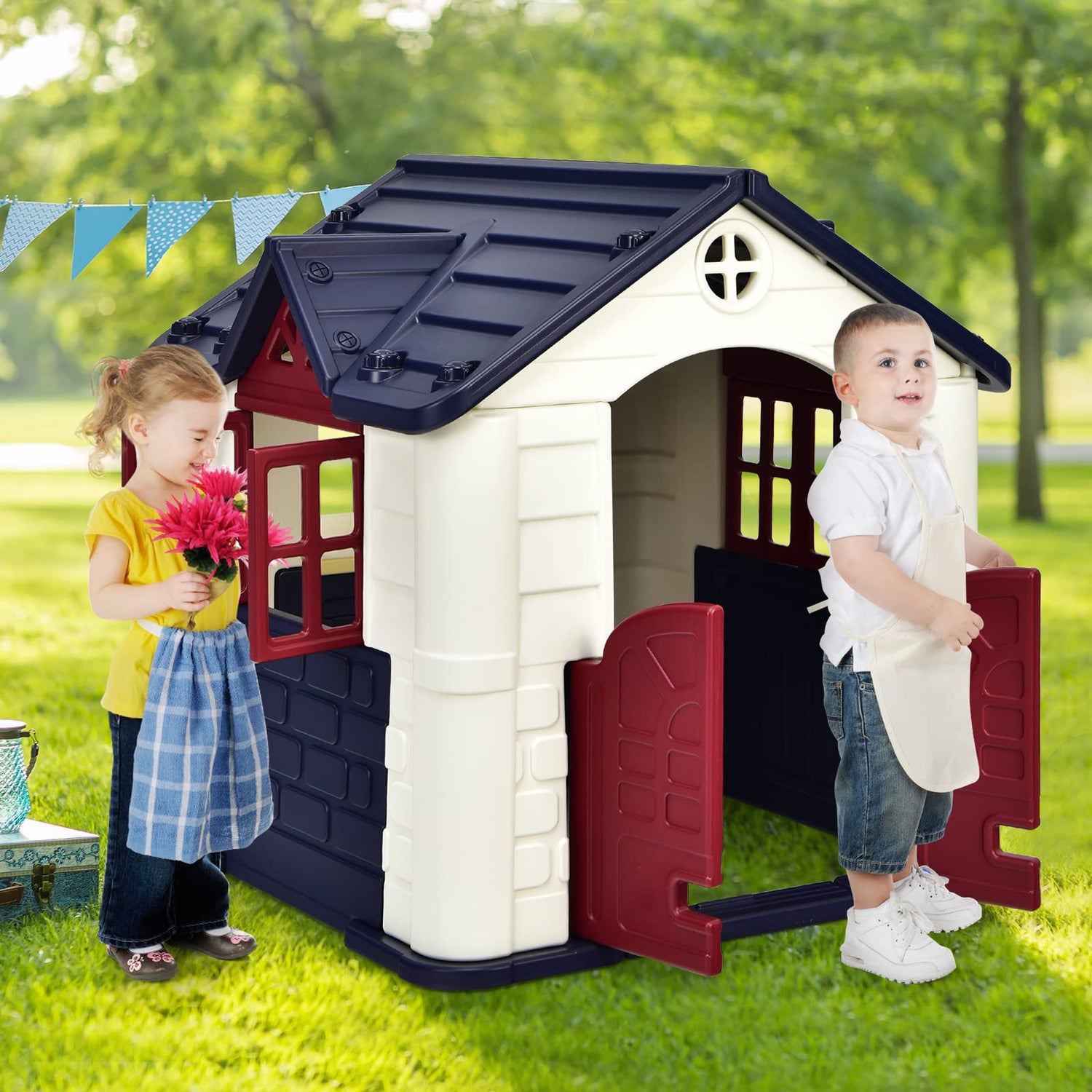GYMAX Kids Play House, Children Plastic Playhouse with Picnic Table, Rainproof Cover, 7PCS Toy Set & Tray, Indoor Outdoor Play Cottage for 3-8 Years Old Boys Girls