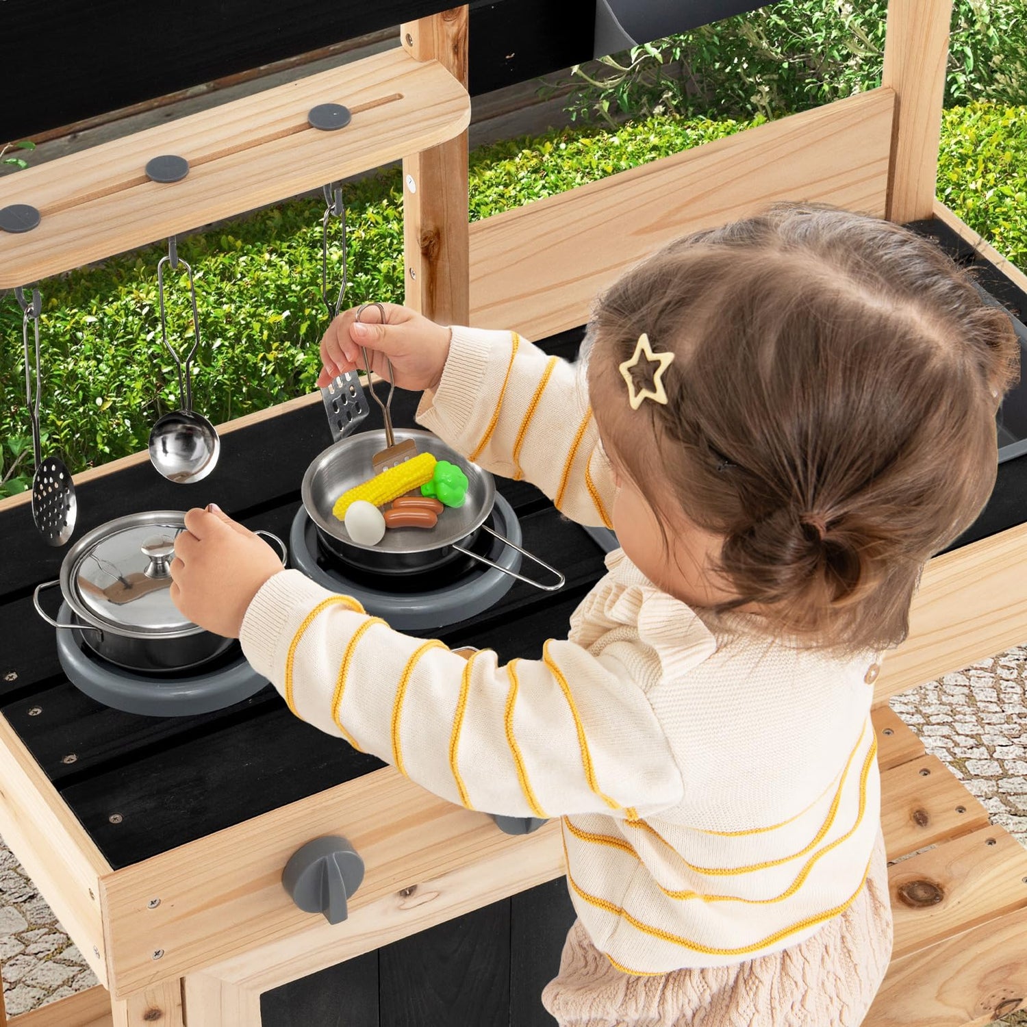 Mud Kitchen, Fir Wood Outdoor Play Kitchen with 2 Removable Sinks, Storage Shelves
