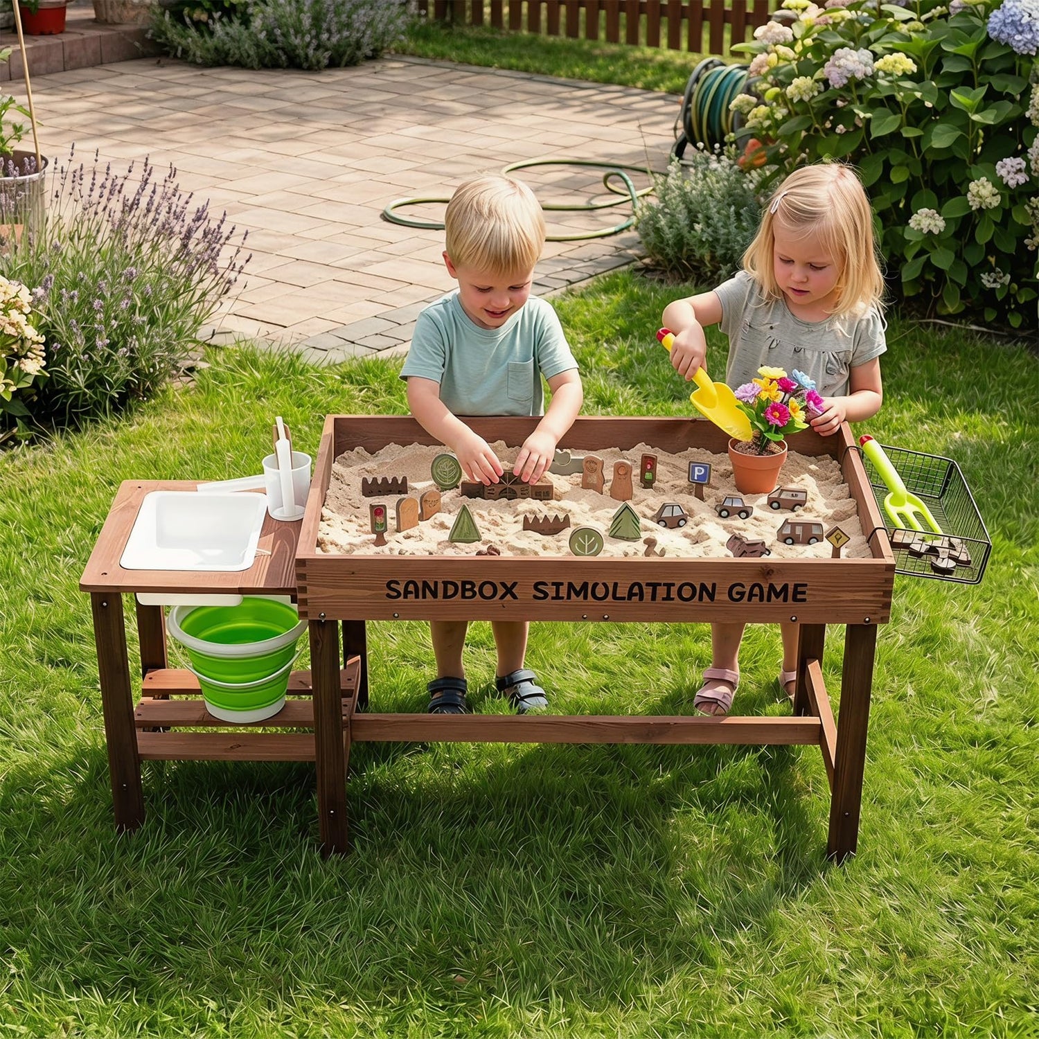 Indoor Outdoor Play Sand and Water Table with 33 Sand Table Toys, Toy Bucket, Shovel and Rake for Boys Girls