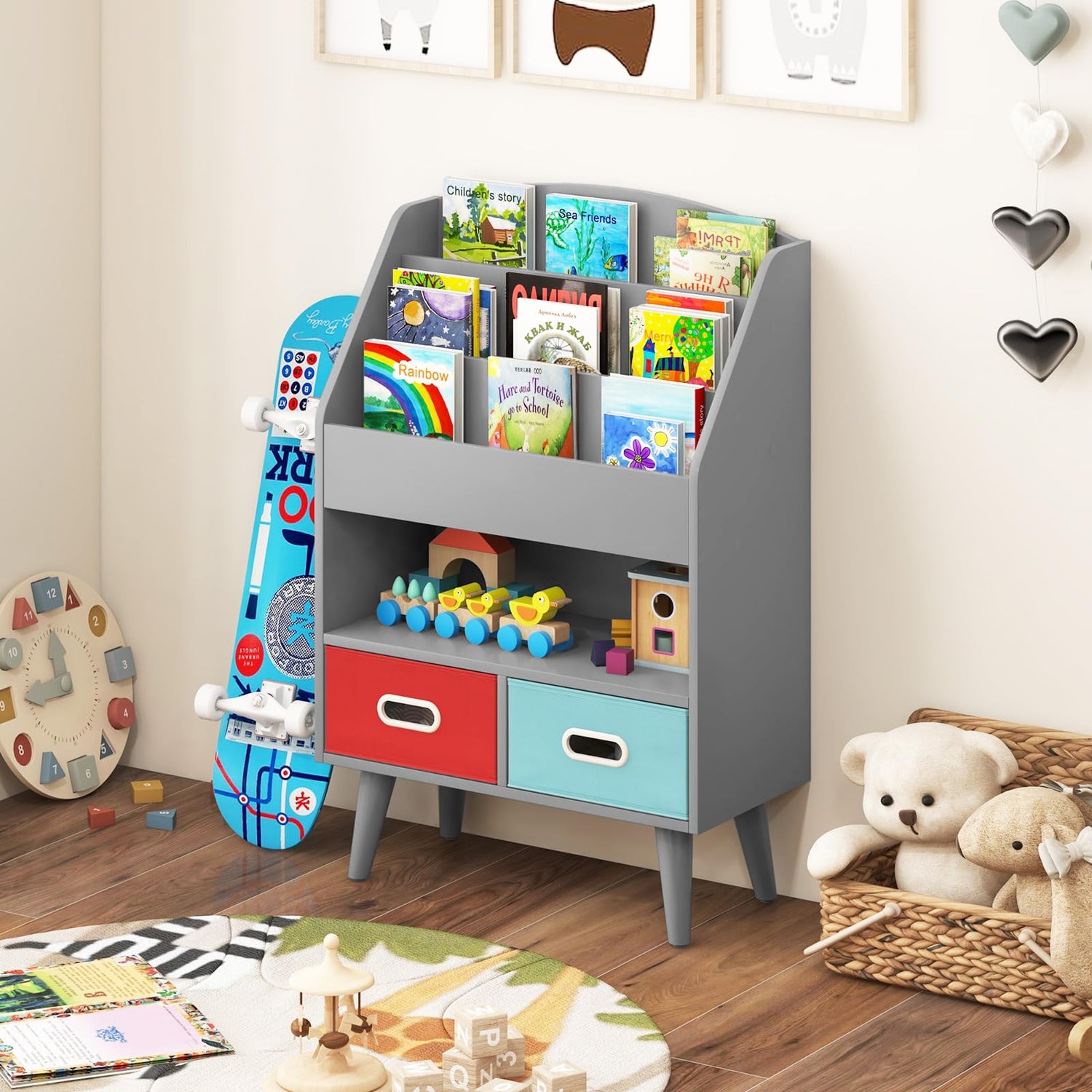 GYMAX Kids Bookcase, Wooden Children Bookshelf with 3 Shelves, Open Compartment and 2 Removable Bins