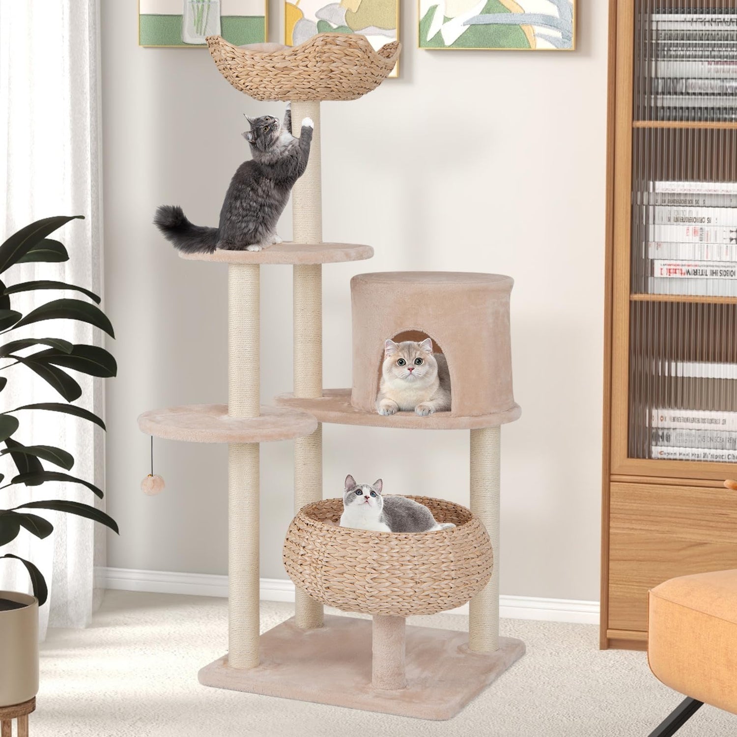GYMAX Cat Tree, 146cm Cattail Cat Tower with Sisal Scratching Posts, Perch, Cat Condo