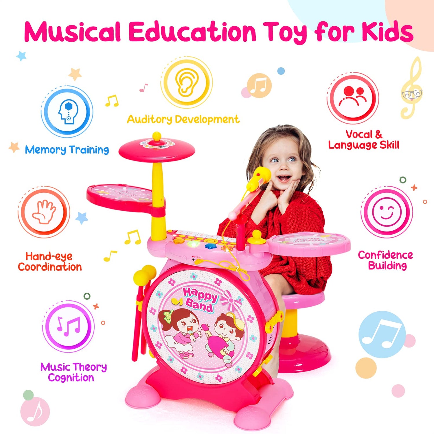 GYMAX Kids Keyboard and Drum Set with Microphone