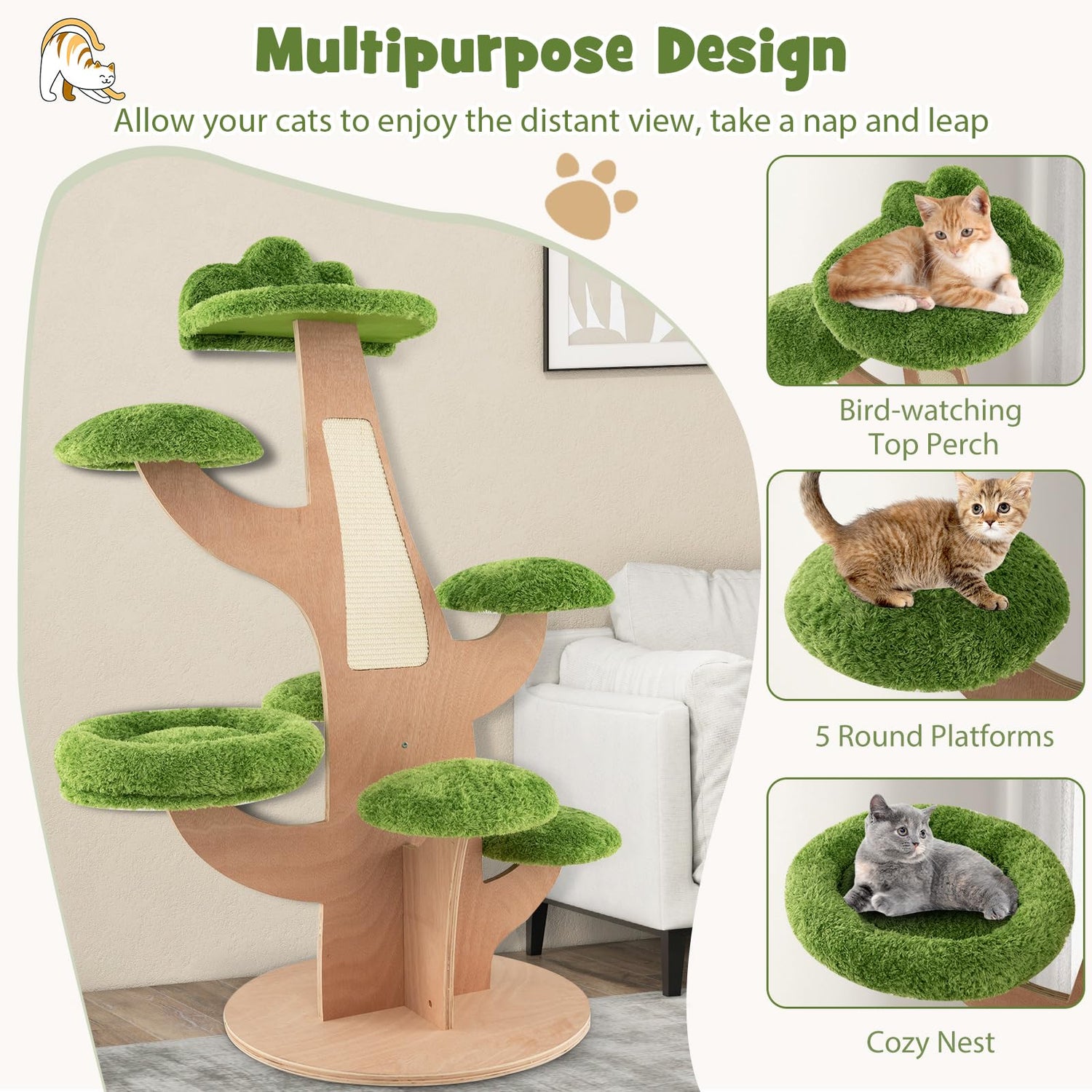 GYMAX Modern Cat Tree, Wooden Cat Tower with Scratching Board and Platforms
