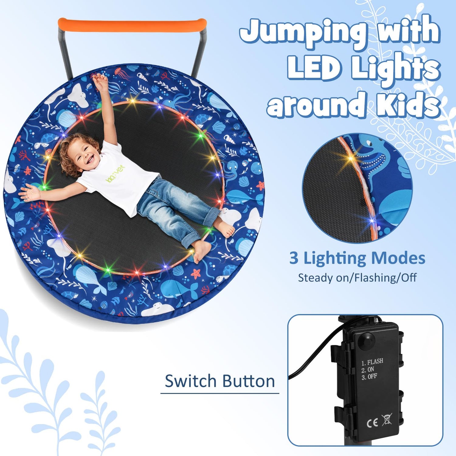 GYMAX 36" Mini Trampoline for Kids with LED Lights, Indoor Outdoor Folding Small Rebounder with Foam Handle