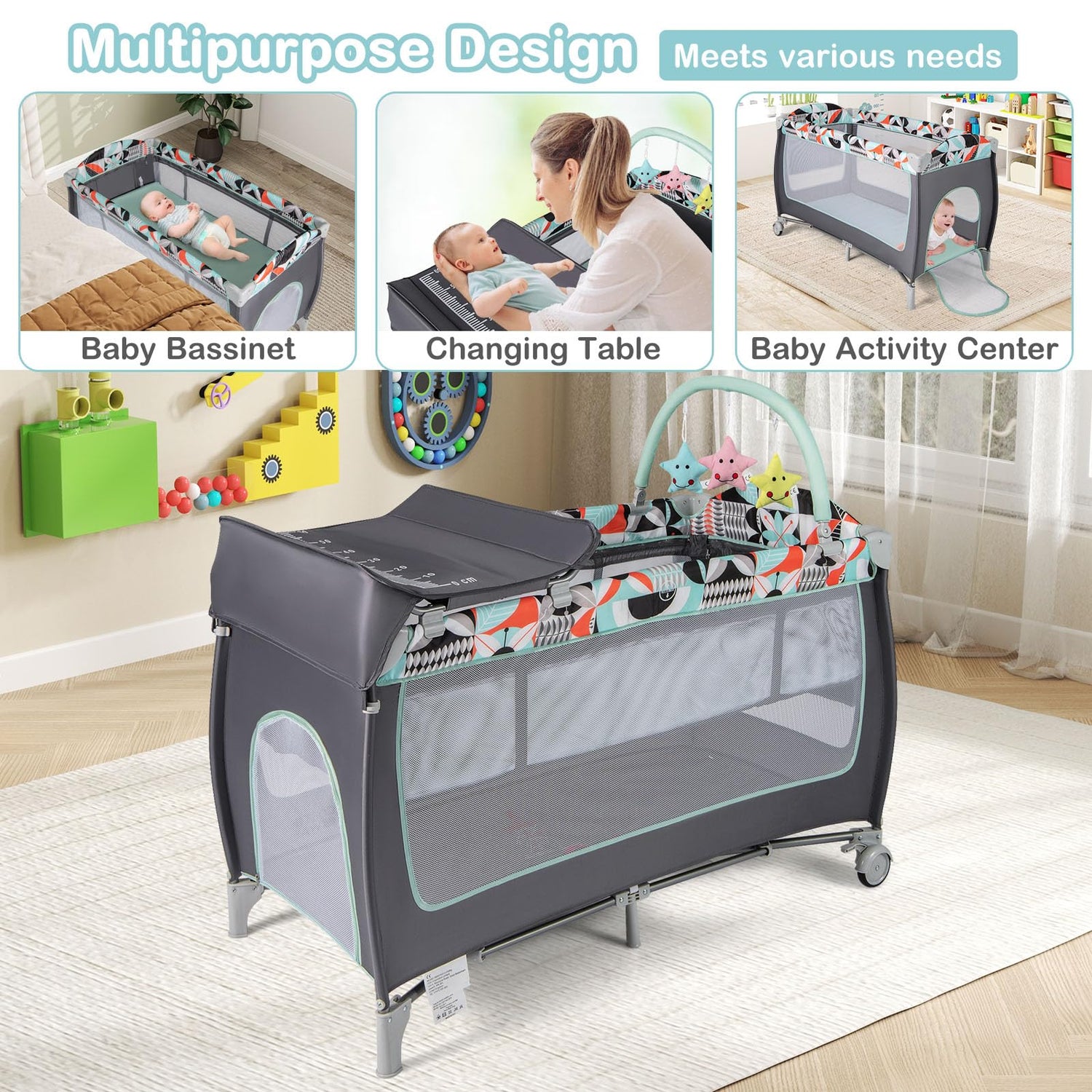 3 in 1 Baby Playard Portable Infant Nursery Center with Toy Bar