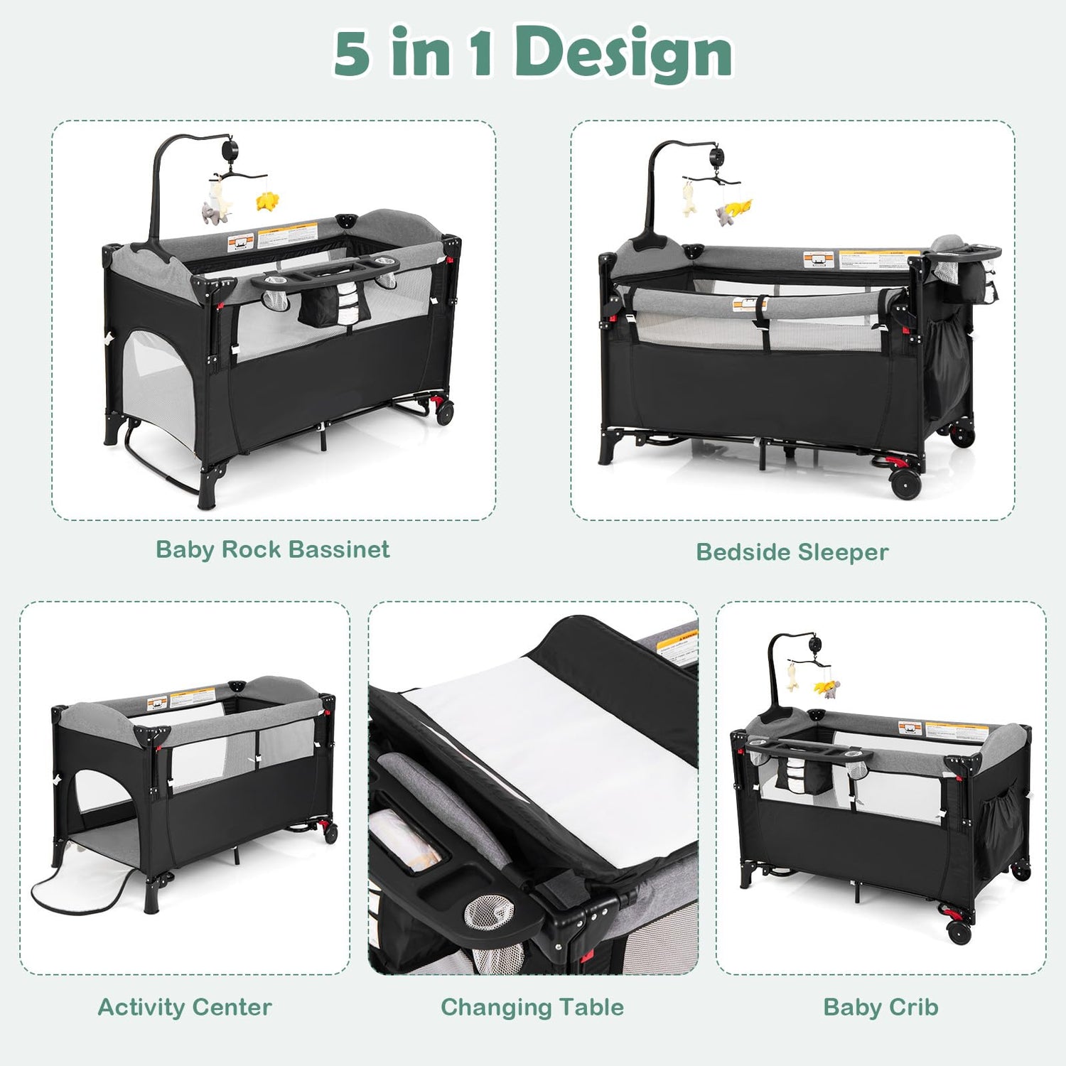 GYMAX 5 in 1 Folding Travel Cot, Portable Baby Bed Playard with Diaper Changer, Music Box, Mattress