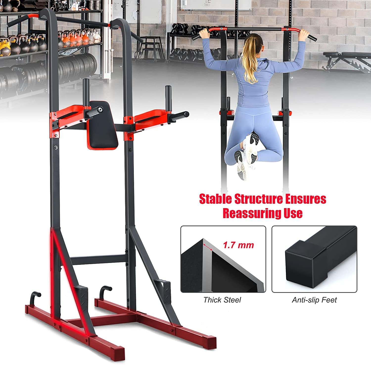GYMAX Multi Power Tower Dip Station, 135 KG Capacity Pull Up & Dip Stands, Home Strength Training Workout Equipment