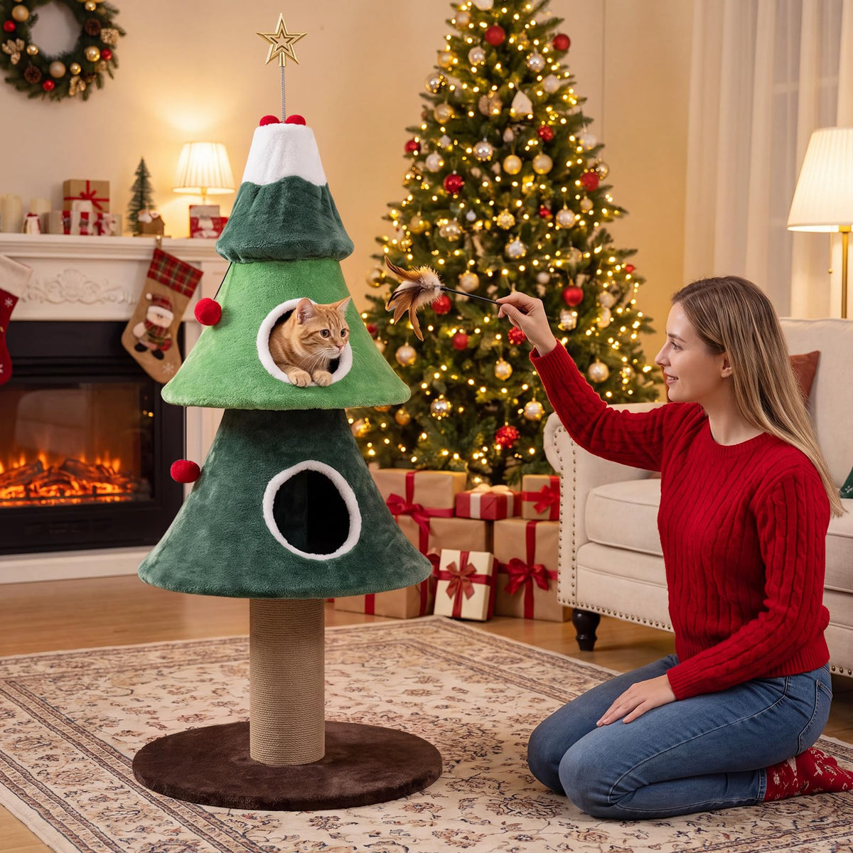 Cat Tree, Christmas Tree Shape Cats Tower with Condos
