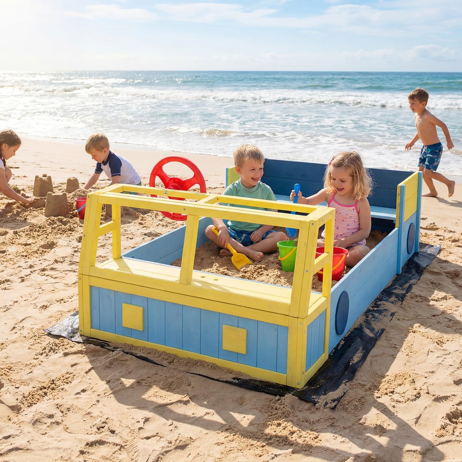 Kids Sandbox, 170 x 100cm Wooden Sand Pit with Bench Seat, Bottom Liner