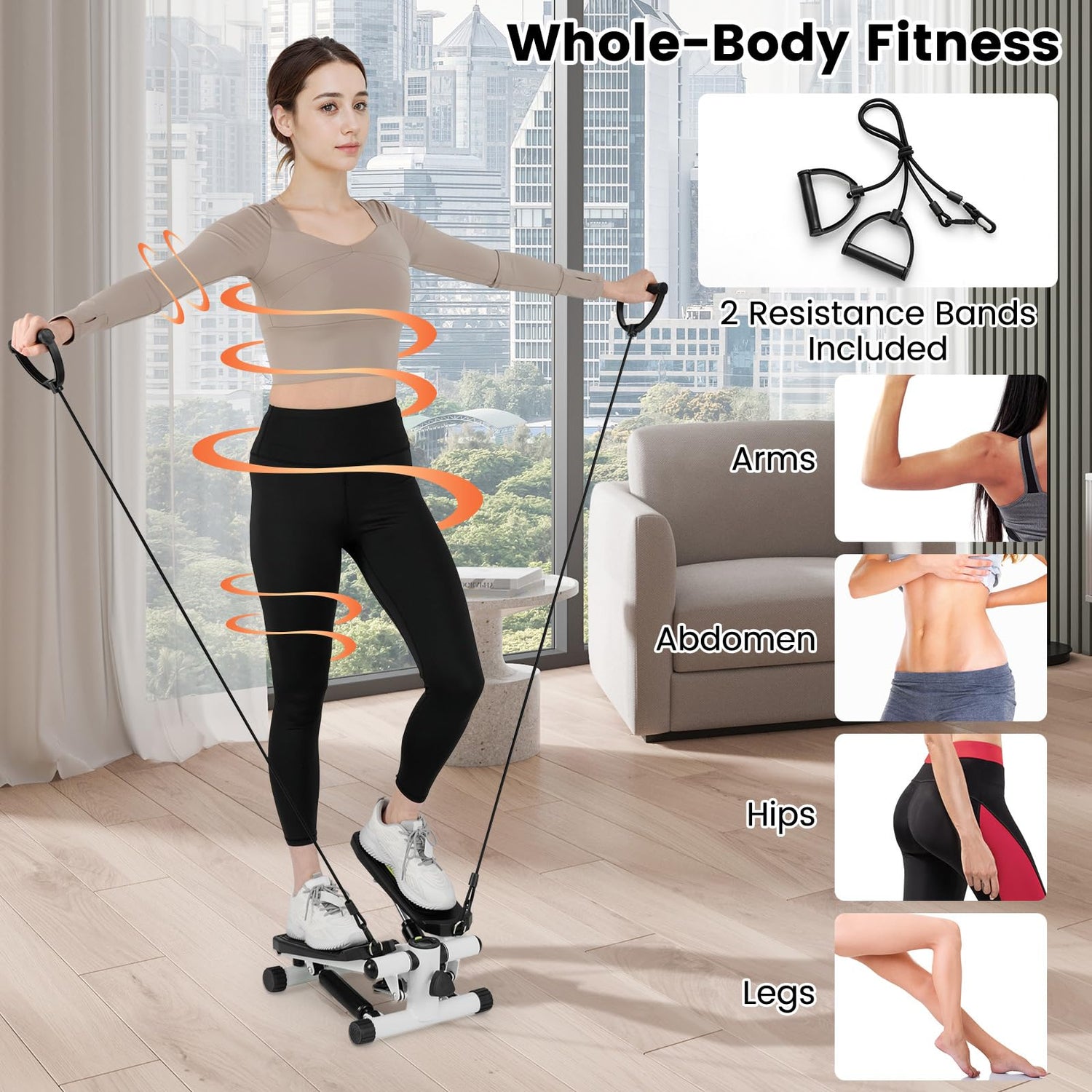 Mini Stepper for Workout, Portable Hydraulic Stepper with Resistance Bands, LCD Monitor