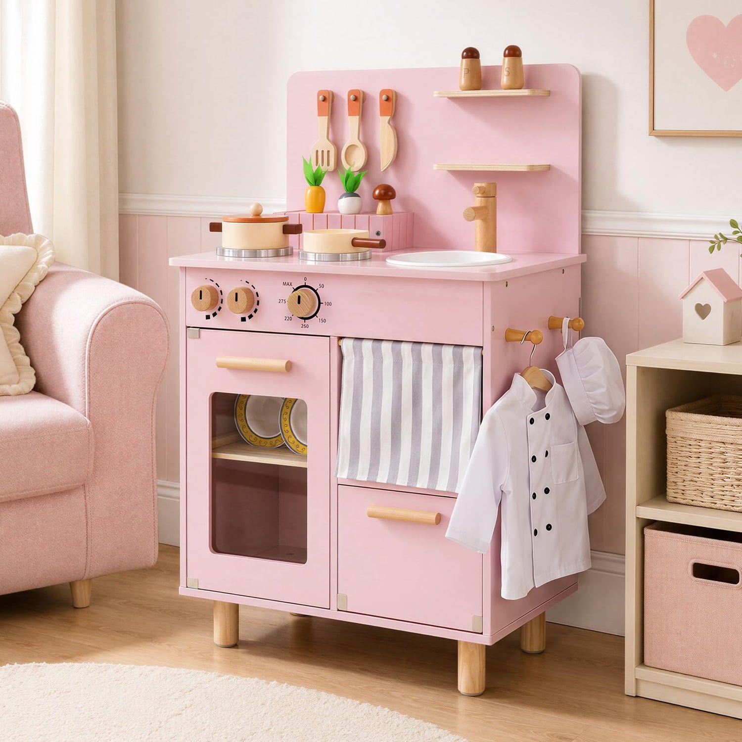 Kids Play Kitchen, Wooden Toy Kitchen with Stoves