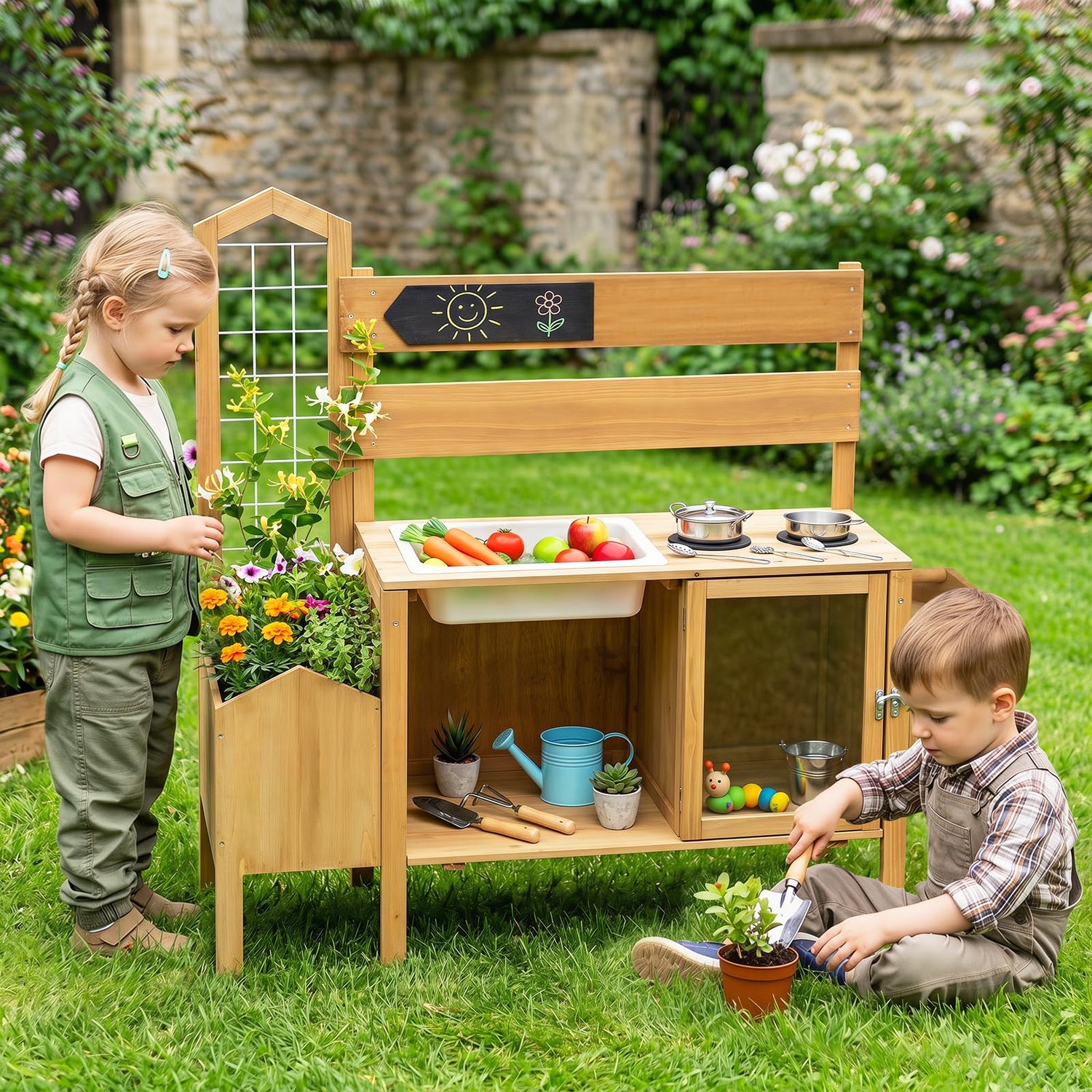 Wooden Chef Pretend Kitchen Playset with Detachable Bird Cage