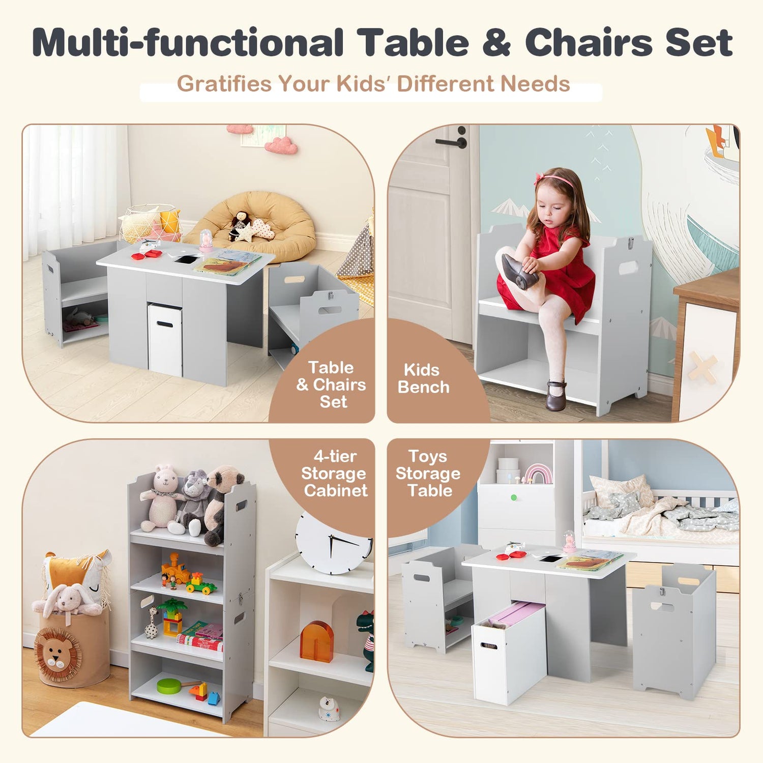 GYMAX Kids Table and Chair Set, 4 in 1 Children Activity Desk with 2 Stackable Chairs, Removable Lid & Storage Bin