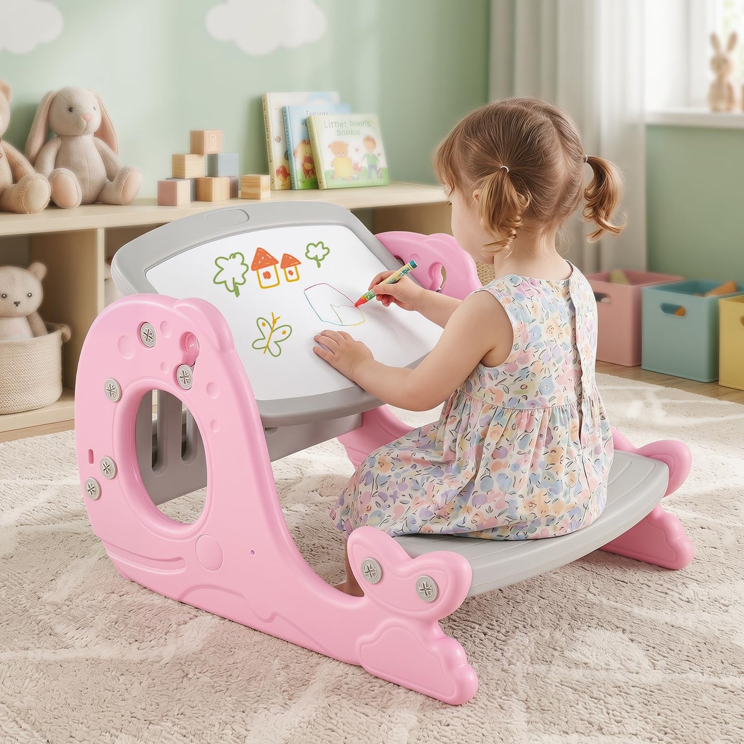 Toddler Table and Chair, Kids Art Table with Angle-Adjustable Whiteboard