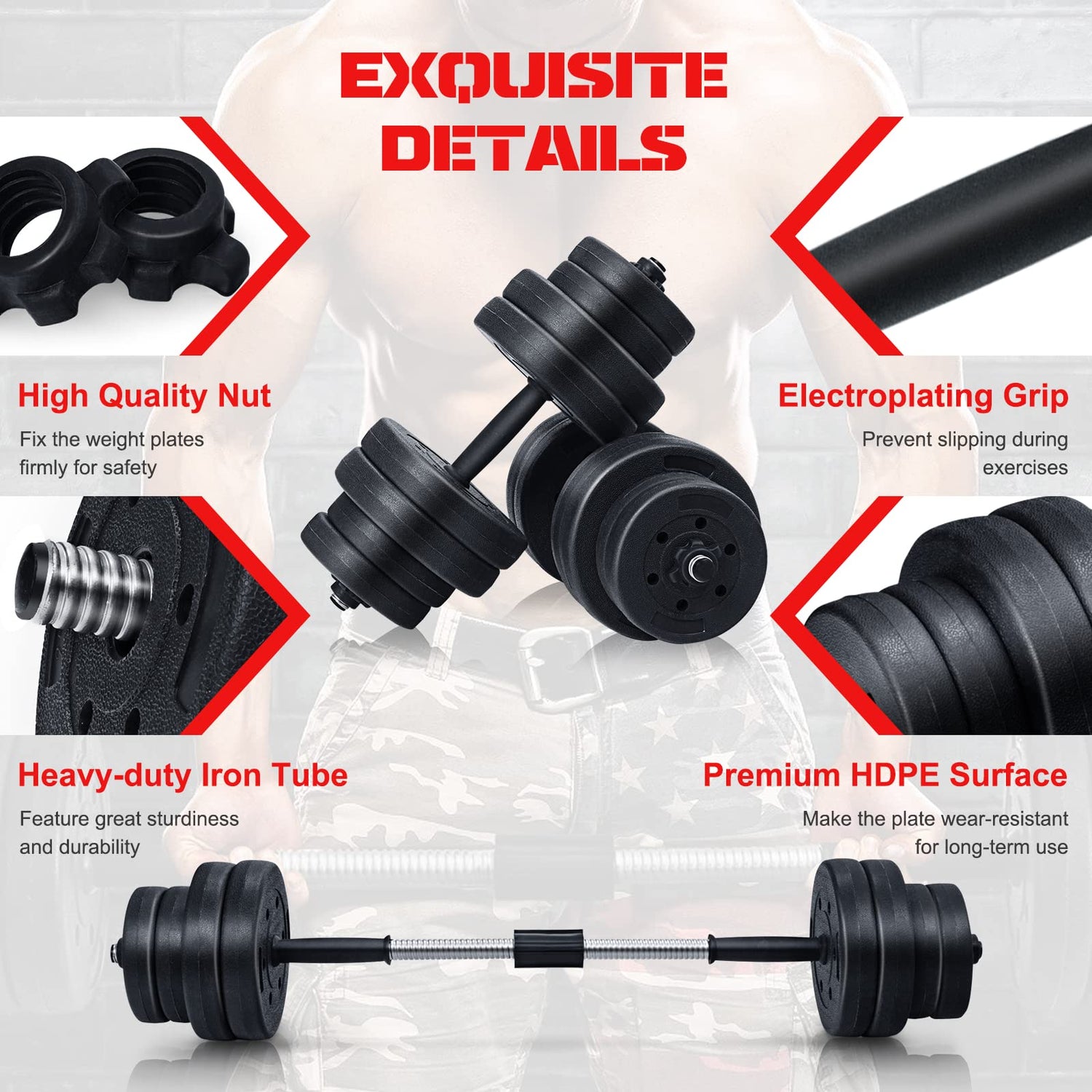 GYMAX 30KG Dumbbells Set, Adjustable Dumbbell Barbell Set with Connecting Rod