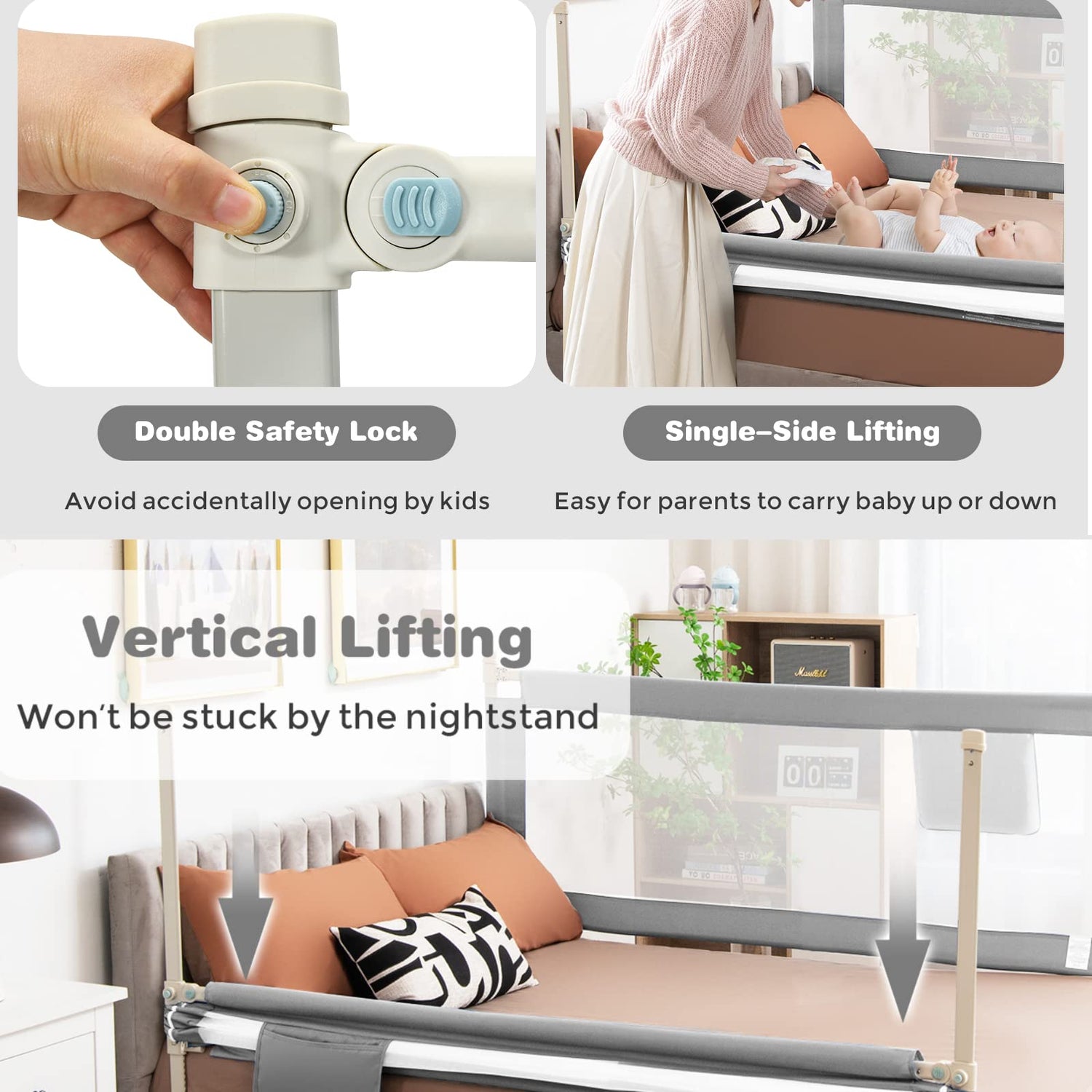 145cm Height Adjustable Bed Rail with Storage Pocket and Safety Lock