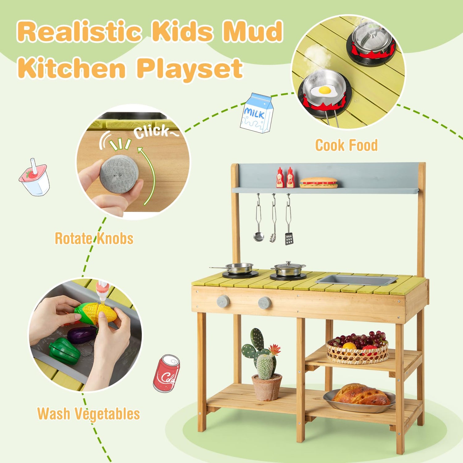 GYMAX Wooden Toy Kitchen, Kids Play Kitchen with Stove Top