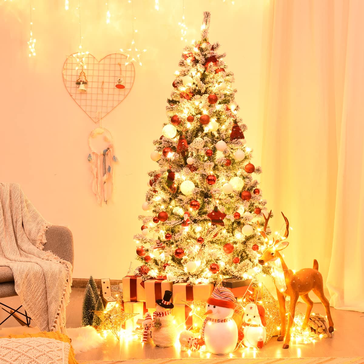 Pre-Lit Flocked Snow Hinged Pine Tree with Solid Metal Stand