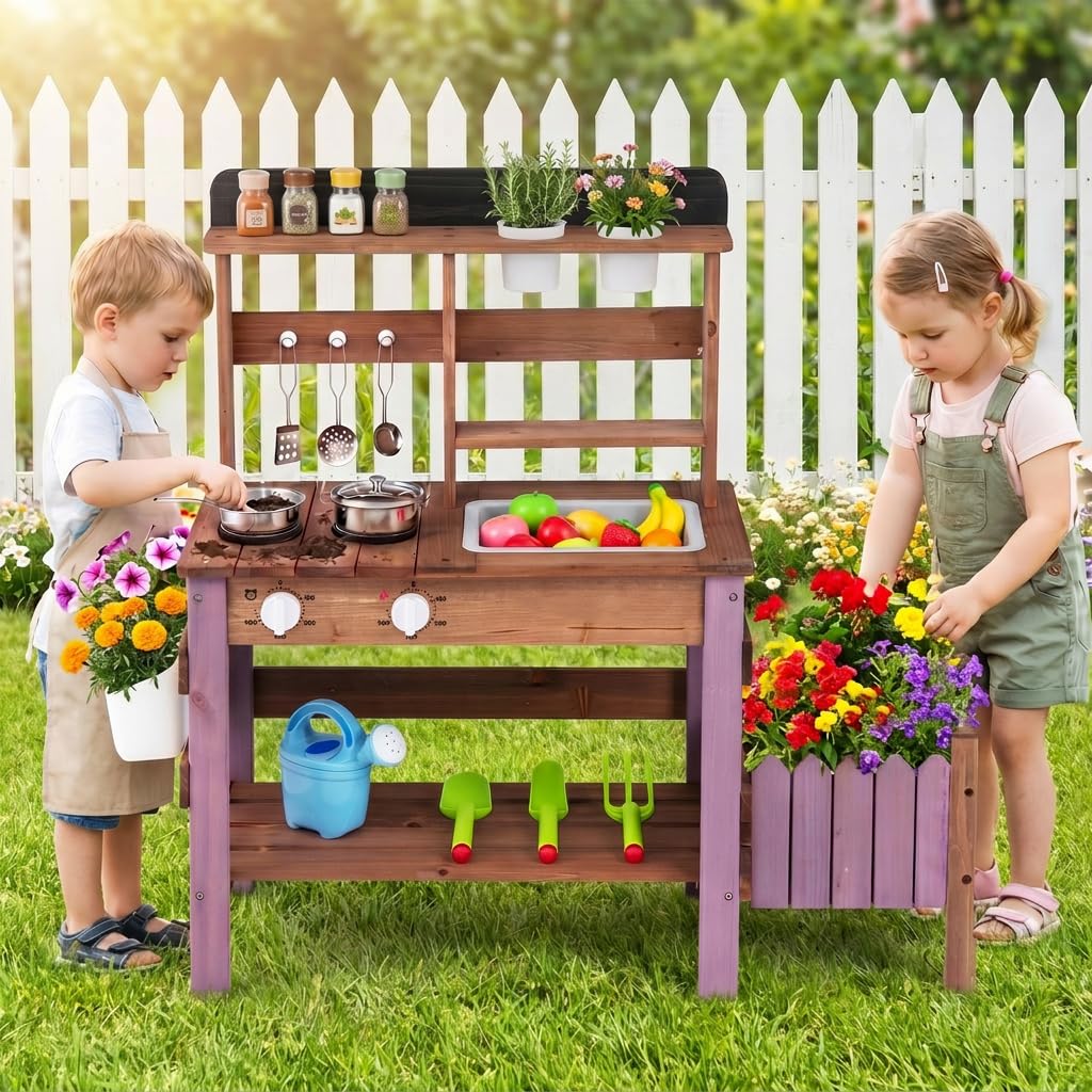 Kids Mud Kitchen, Garden Potting Bench with 2 Planting Pots, 2 Storage Bins, 2 Trowels, 1 Rake
