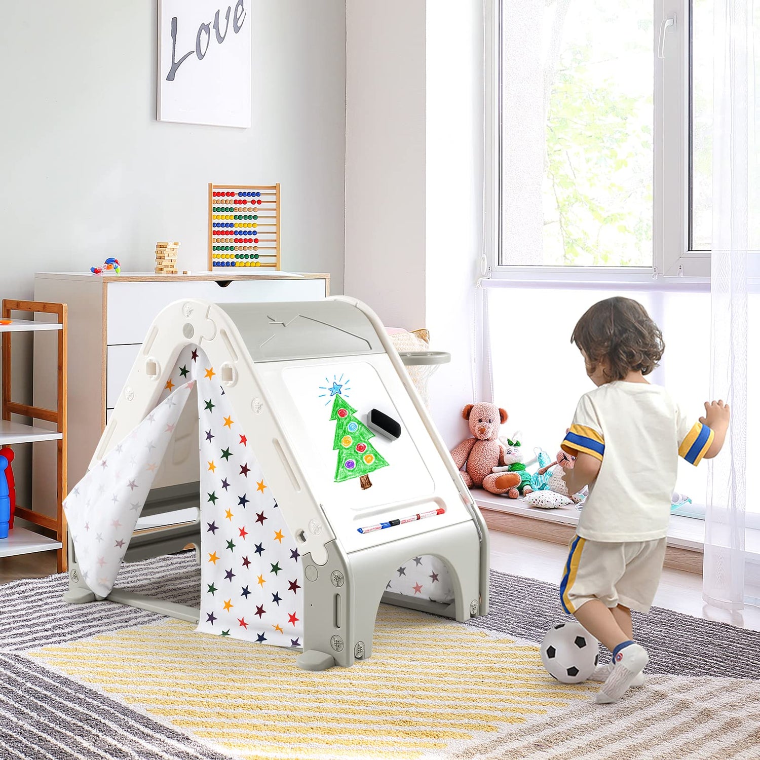 GYMAX Kids Playhouse, 6 in 1 Play Tent with Climbing Wall