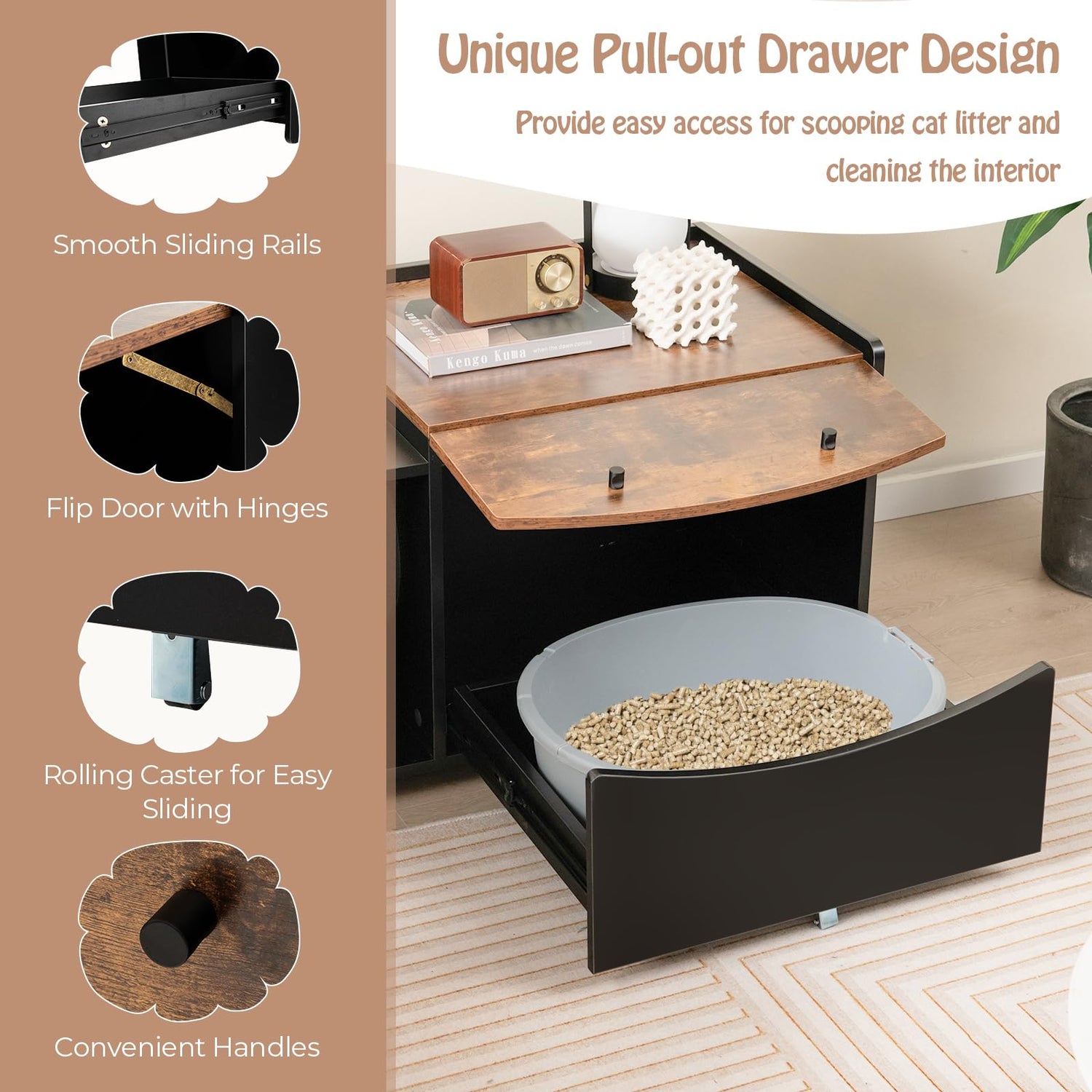 GYMAX Cat Litter Box Enclosure, Hidden Kitty Washroom Storage Cabinet Nightstand