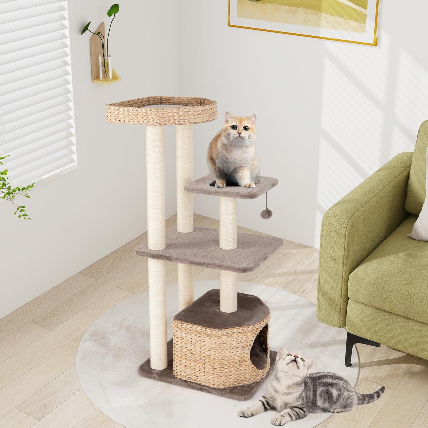 GYMAX Cat Tree, Modern Cat Tower with Sisal Scratching Posts, Perch, Dangling Ball, Hand-Made Wicker Cat Condo