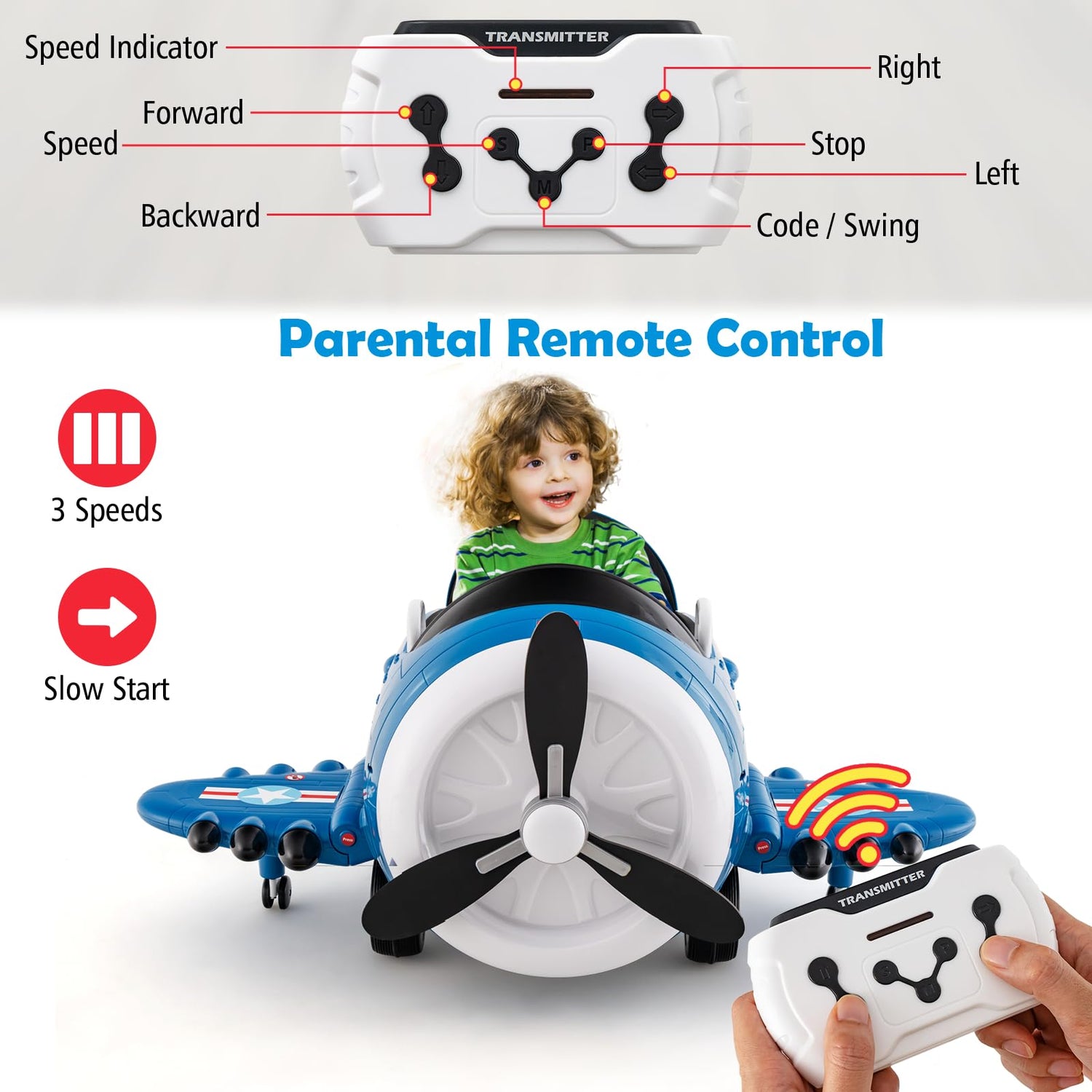 GYMAX Kids Ride on Car, 12V Battery Powered Car with Remote Control, Joysticks, Folding Airfoils