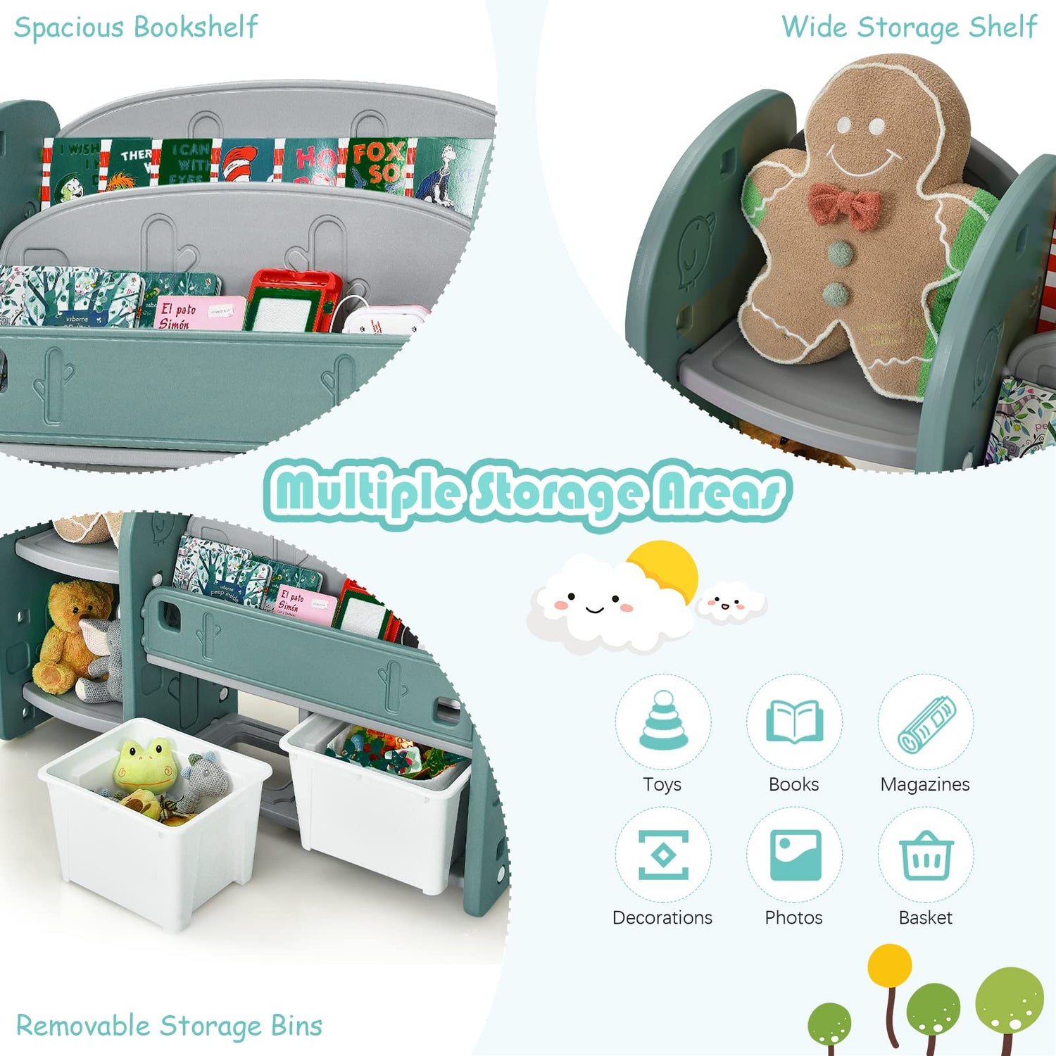 GYMAX Kids Storage Bookshelf, 3-Tier Children Bookcase with 2 Detachable Bin & 2 Open Shelves (Green+Grey)