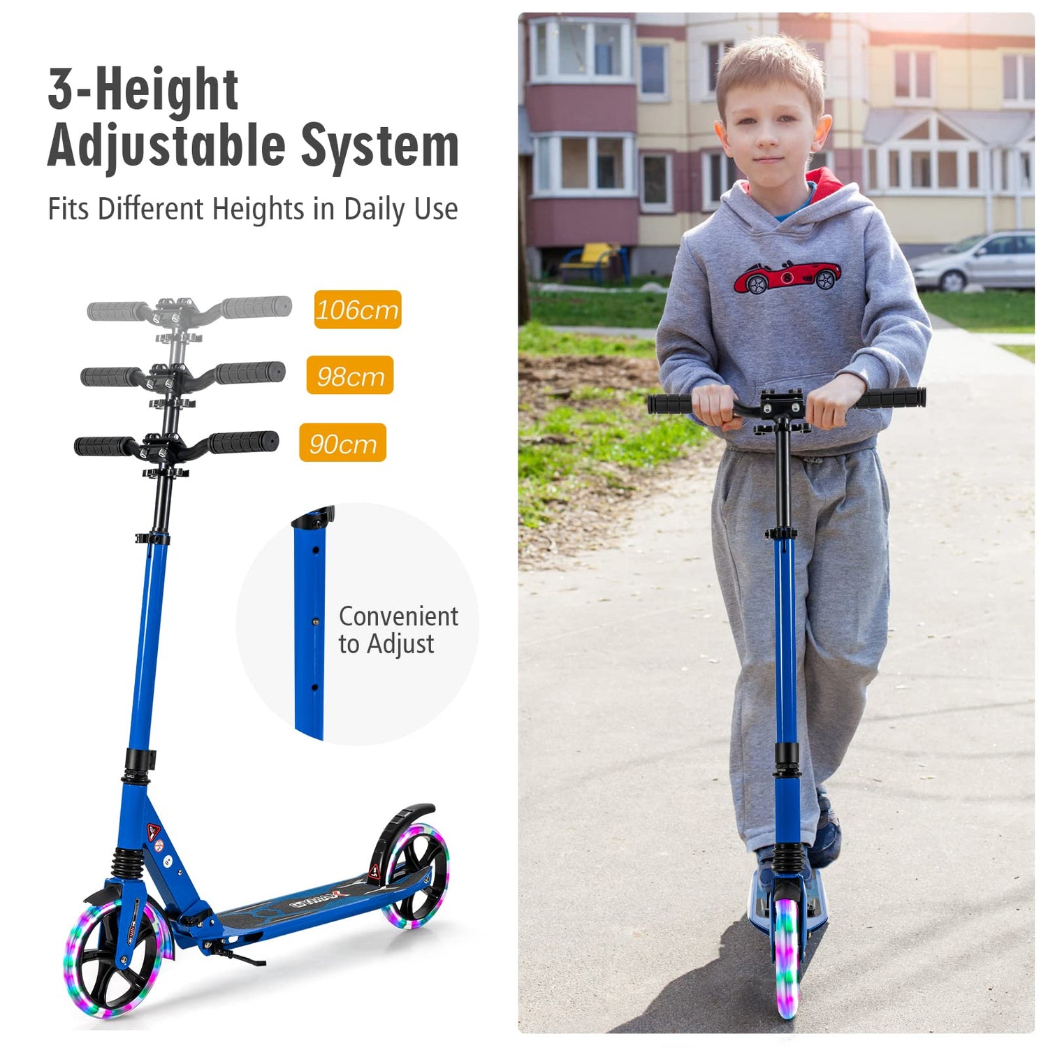 GYMAX Foldable Kick Scooter, Height Adjustable City Scooter with Light Up Wheels
