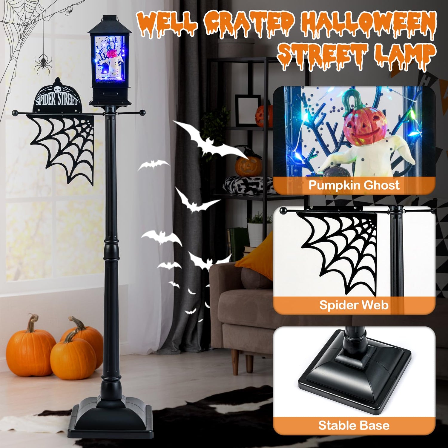 155 cm Halloween Lamp Post Sound-Activated with Black Snowy Effects
