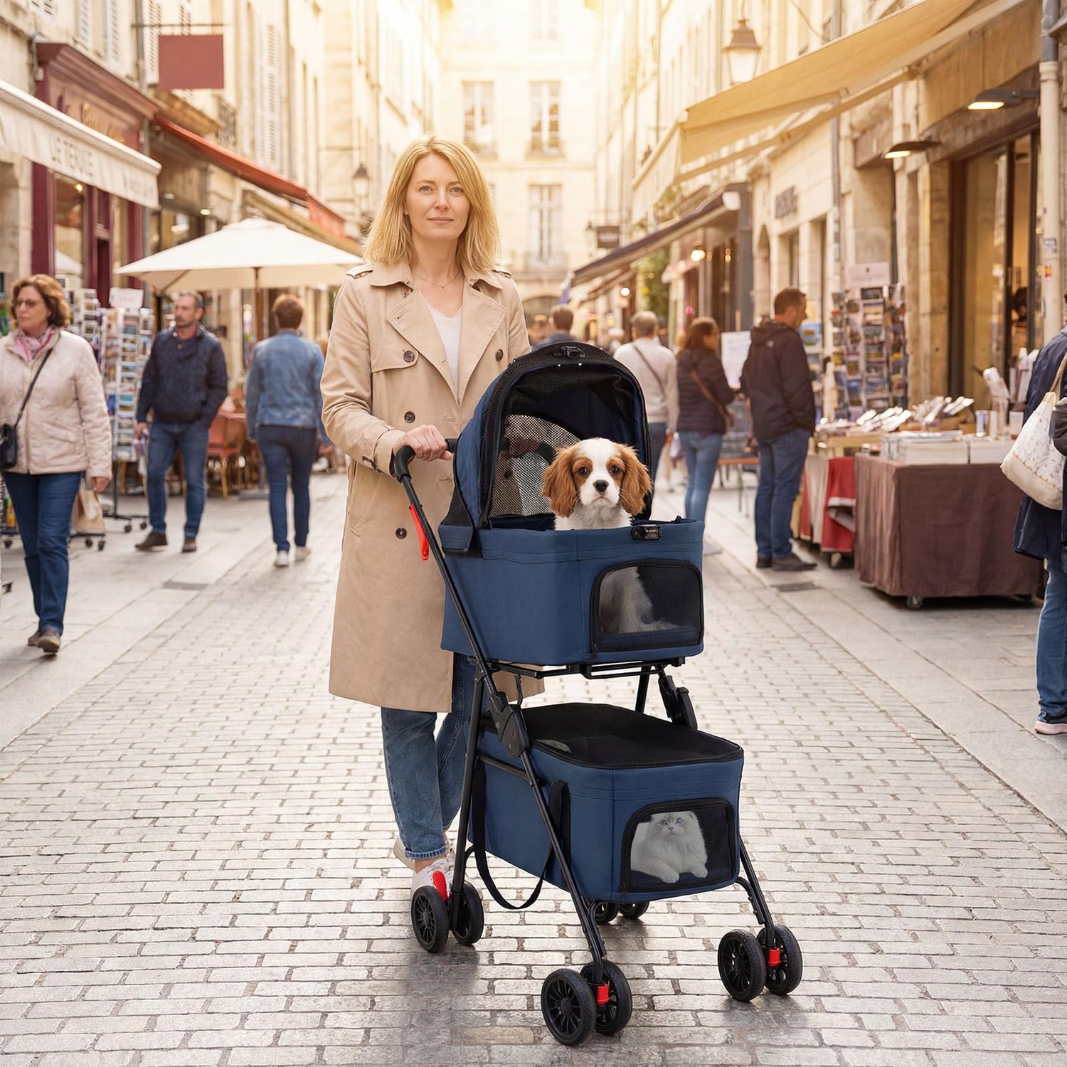 Double Pet Stroller, 4 Wheels Foldable Dog Pushchair Cat Buggy with 2 Detachable Carriers