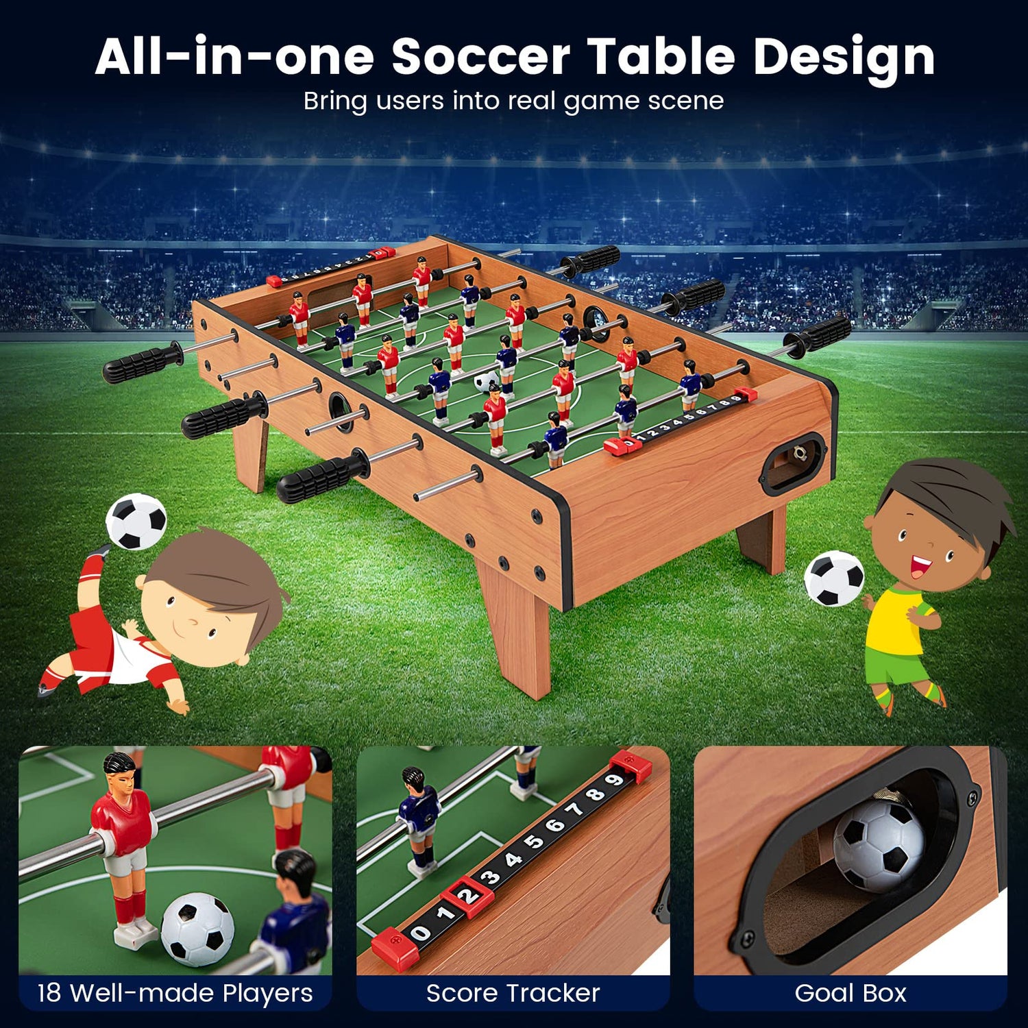 GYMAX Table Top Football Game, Foosball Table Games with Wooden Frame, 70×37×24cm