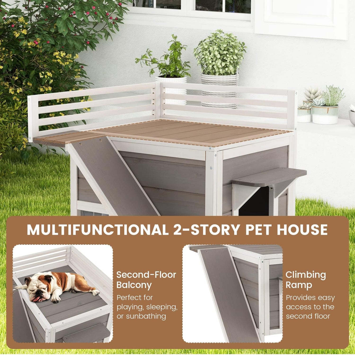 GYMAX Cat House, 2-Tier Weatherproof Kitten Shelter with Escape Doors, PVC Curtains, Cat Balcony and Wide Side Ladder