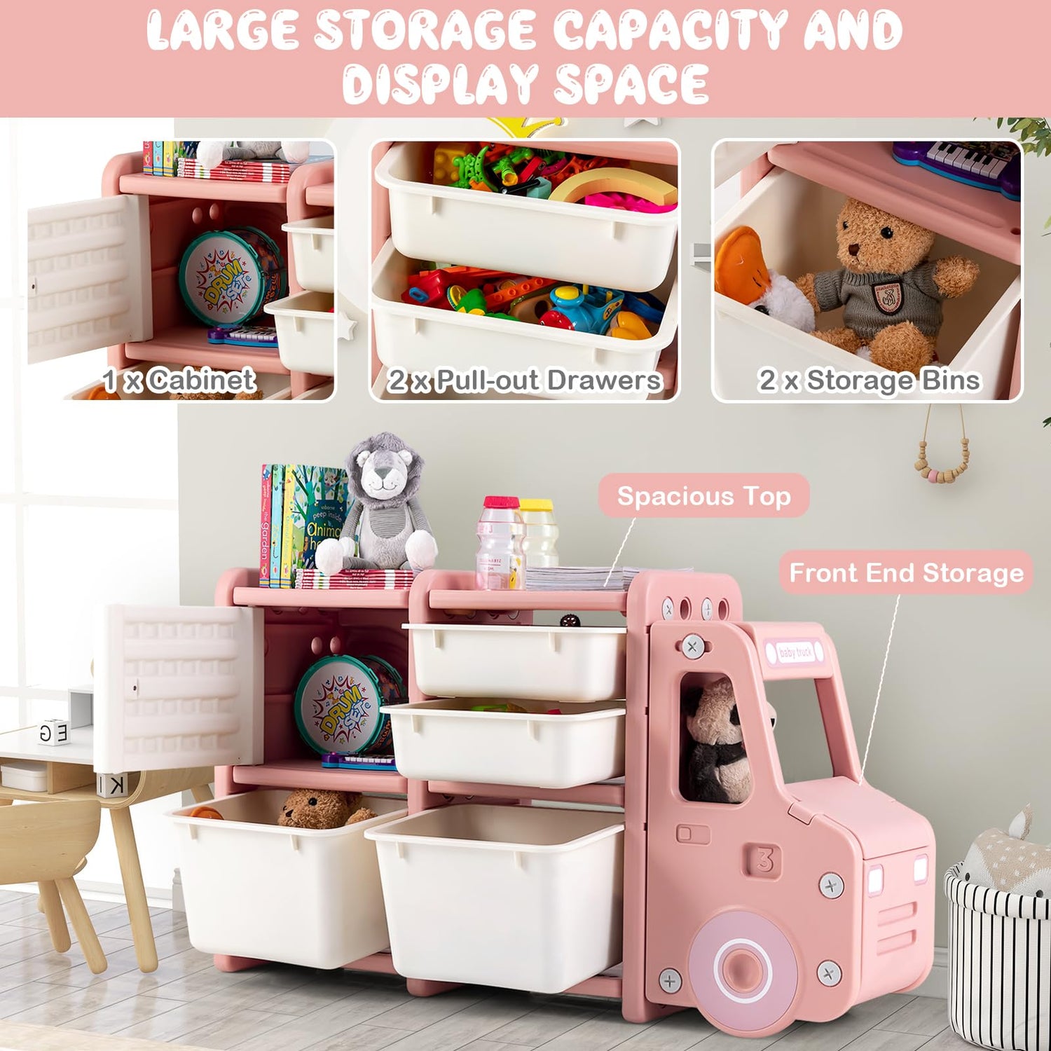 GYMAX Kids Storage Unit, Toddler Toy Organizer with Large Bins ( Car Shape: 112 x 35 x 66 cm)