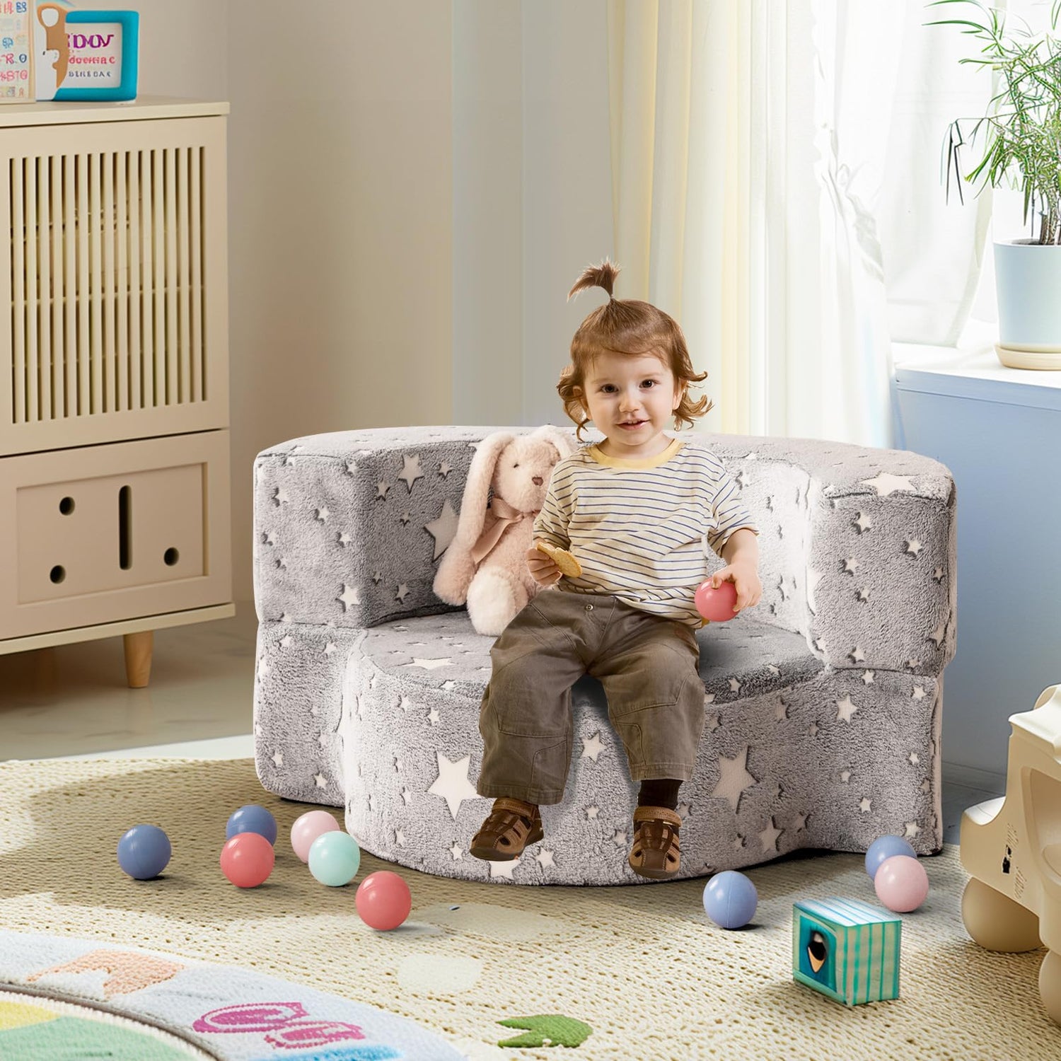 GYMAX 2 in 1 Kids Sofa Chair, Glow in the Dark Children Couch