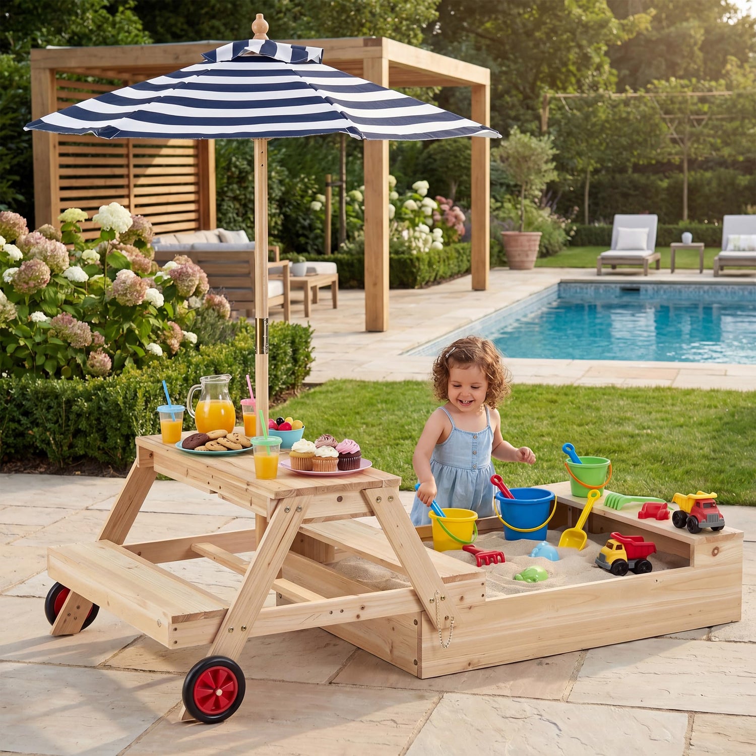 GYMAX Kids Picnic Table with Sandbox, Wooden Children Garden Table and Bench Set