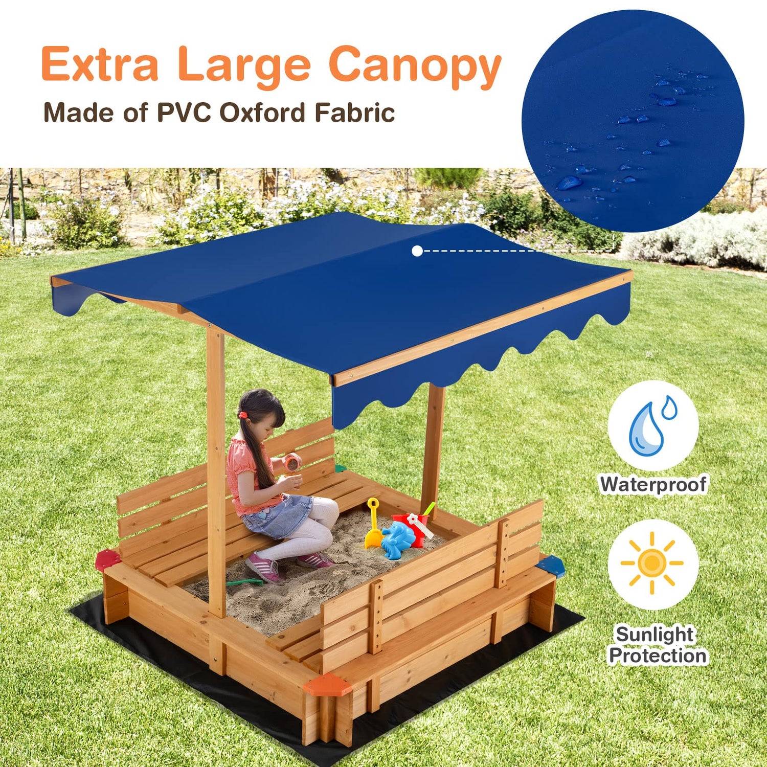 Outdoor Wooden Kids Sandbox with Canopy and Seat Benches