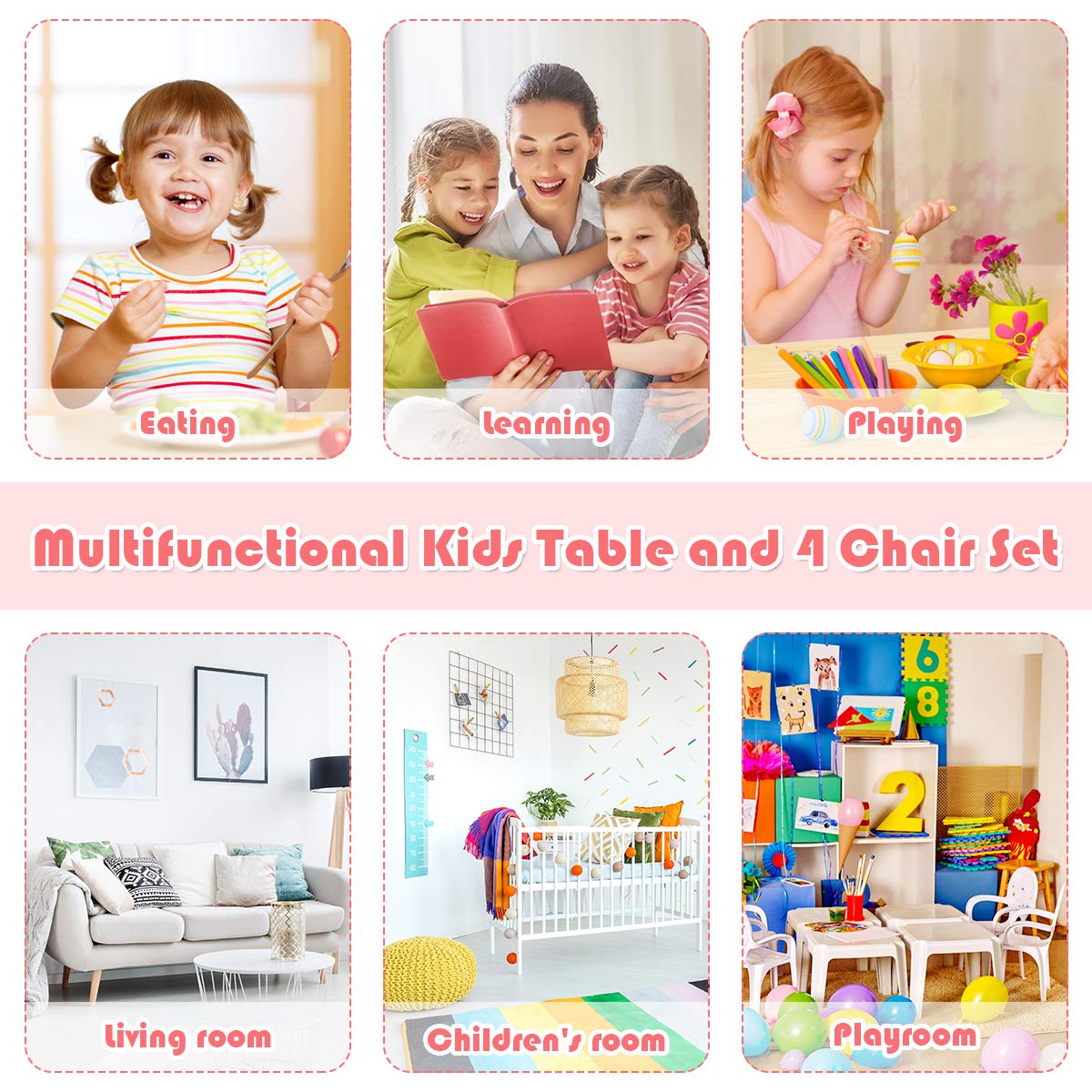 GYMAX Kids Table and 4 Chairs Set, Wooden Children Table with 4 Chairs