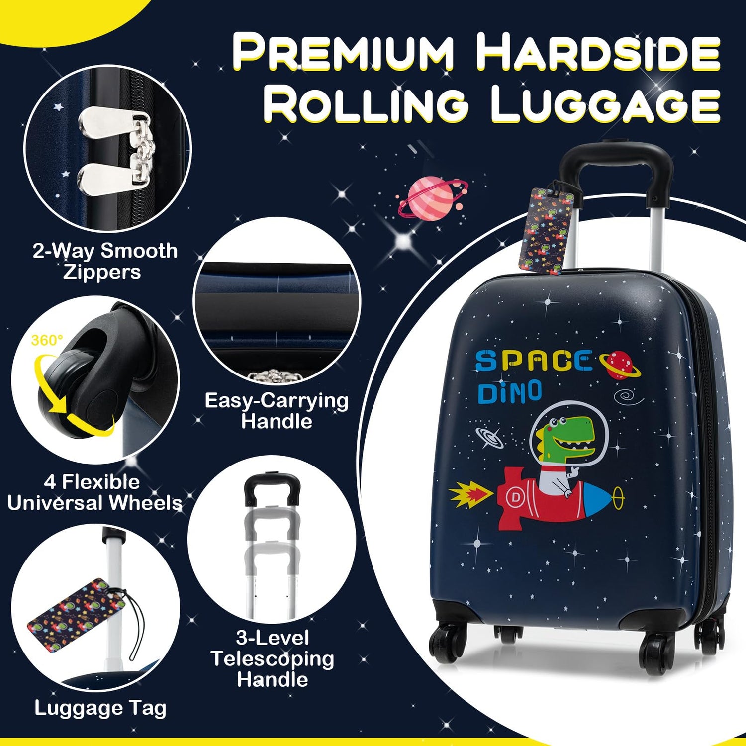 GYMAX 5Pcs Kids Luggage Set, 13" Backpack & 16" Children Hardshell Suitcase with Wheels