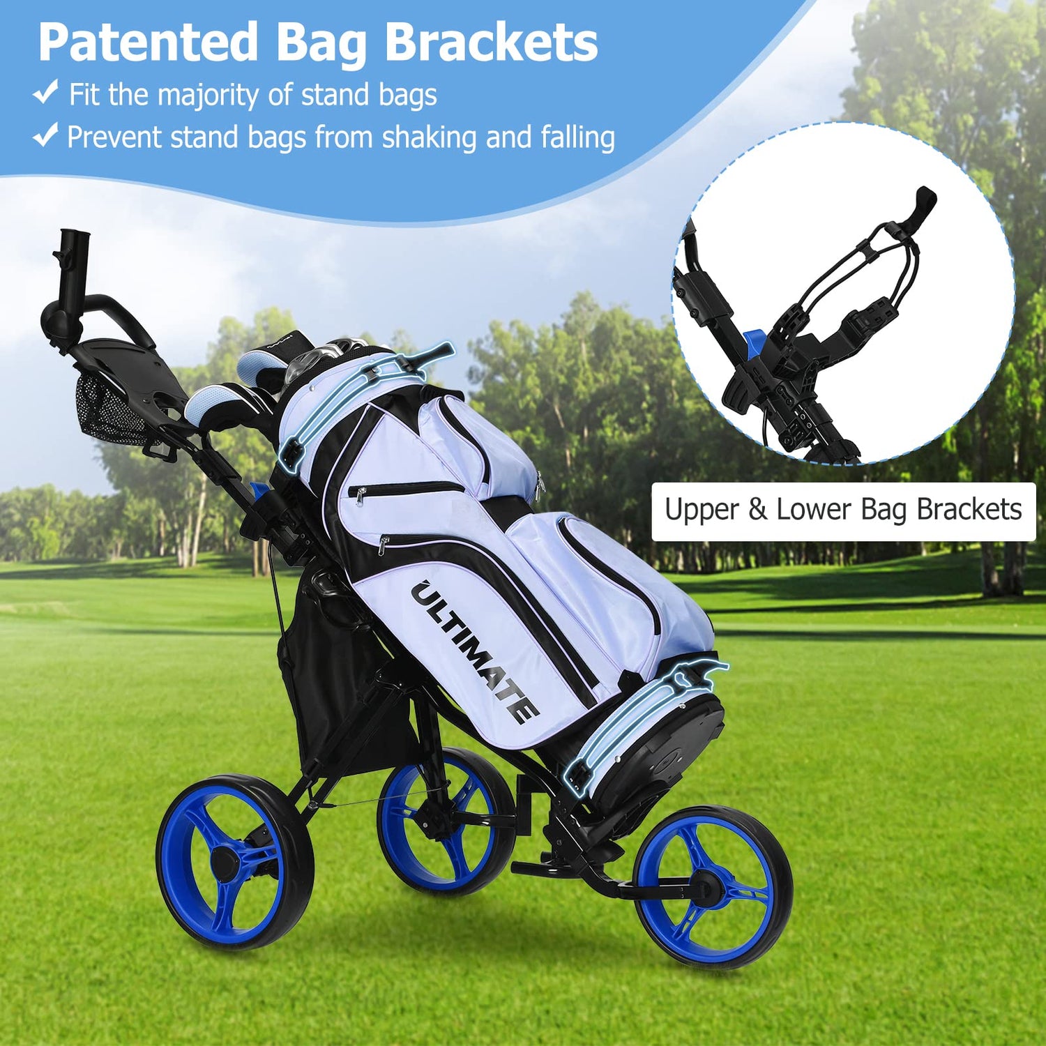 GYMAX Golf Push Pull Cart, Lightweight 3 Wheels Golf Trolley with Storage Bag