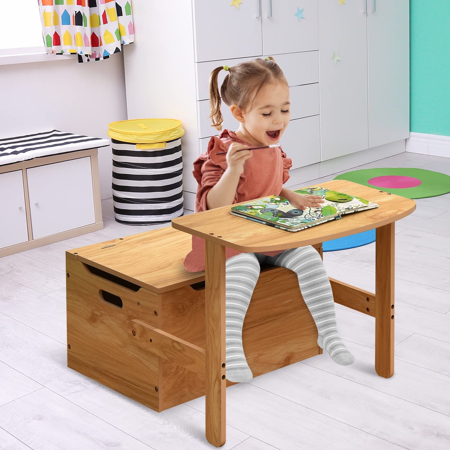 GYMAX 3 in 1 Kids Storage Bench Convertible Toy Storage Box with Safety Hinge