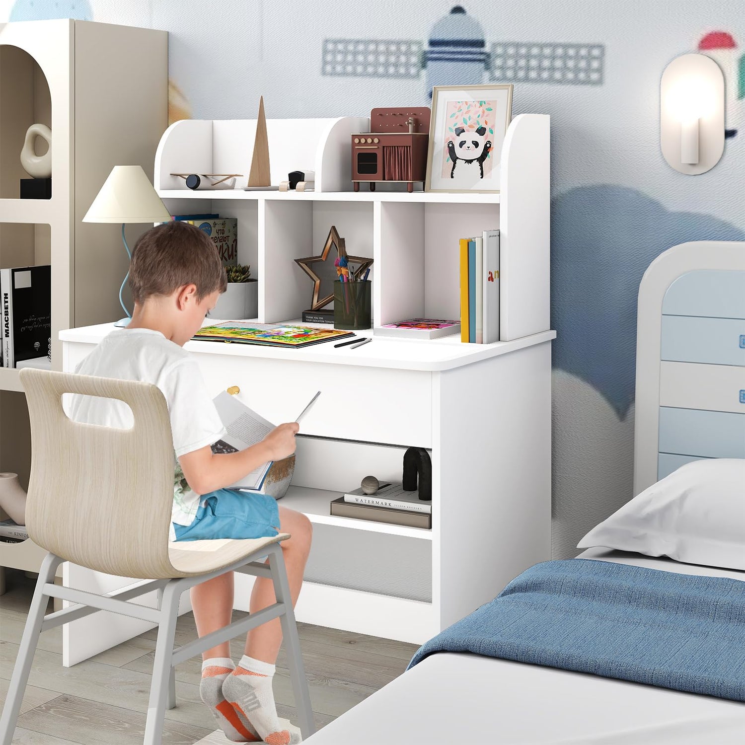 Kids Wooden Study Desk with Drawer and Storage Shelf