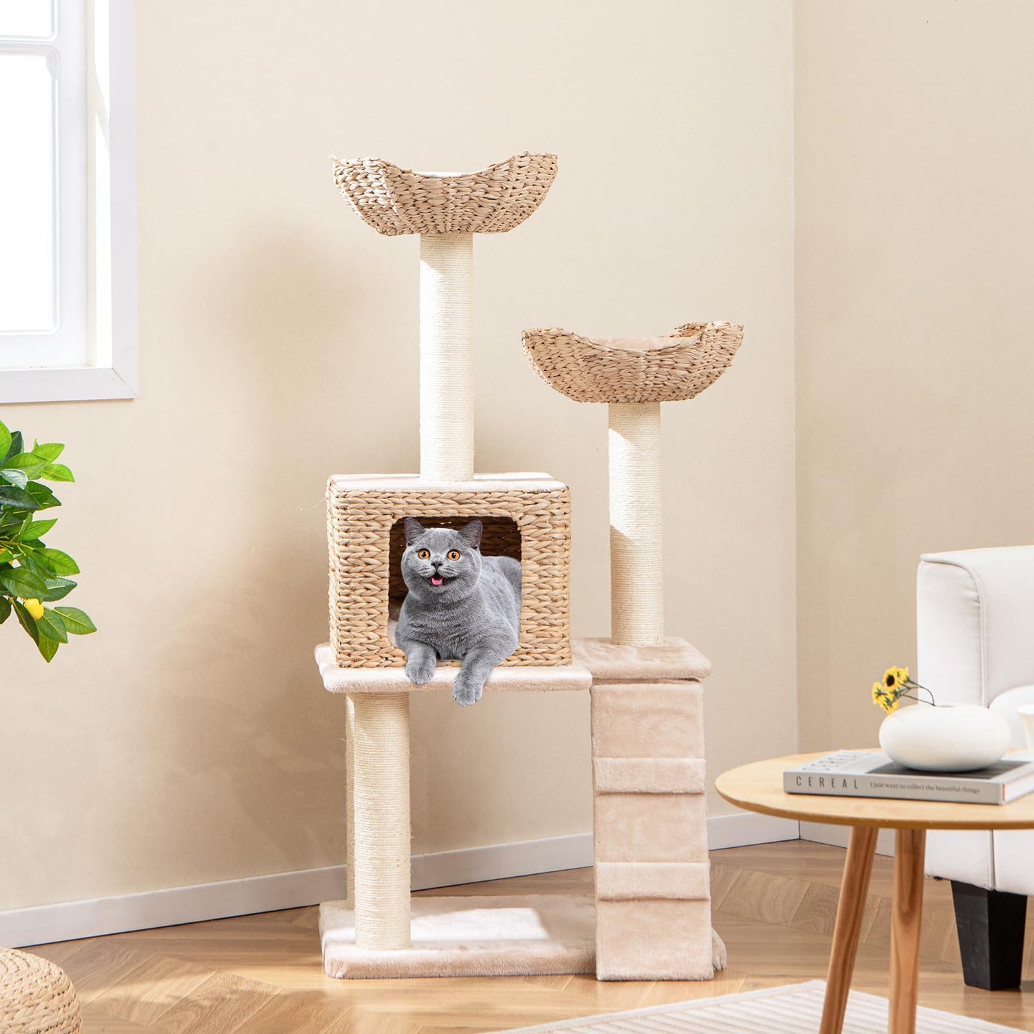 GYMAX Cat Tree, 122cm Cattail Cat Tower with Sisal Scratching Posts, Perch, Cat Condo & Bed