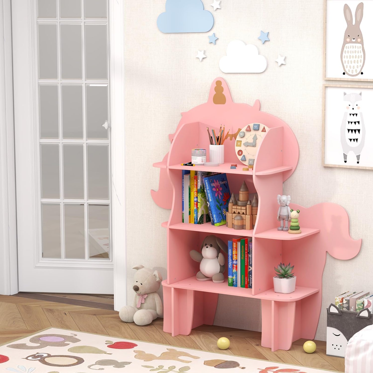 GYMAX Kids Storage Shelf, Wooden Children Bookshelf with Anti-Tipping Device
