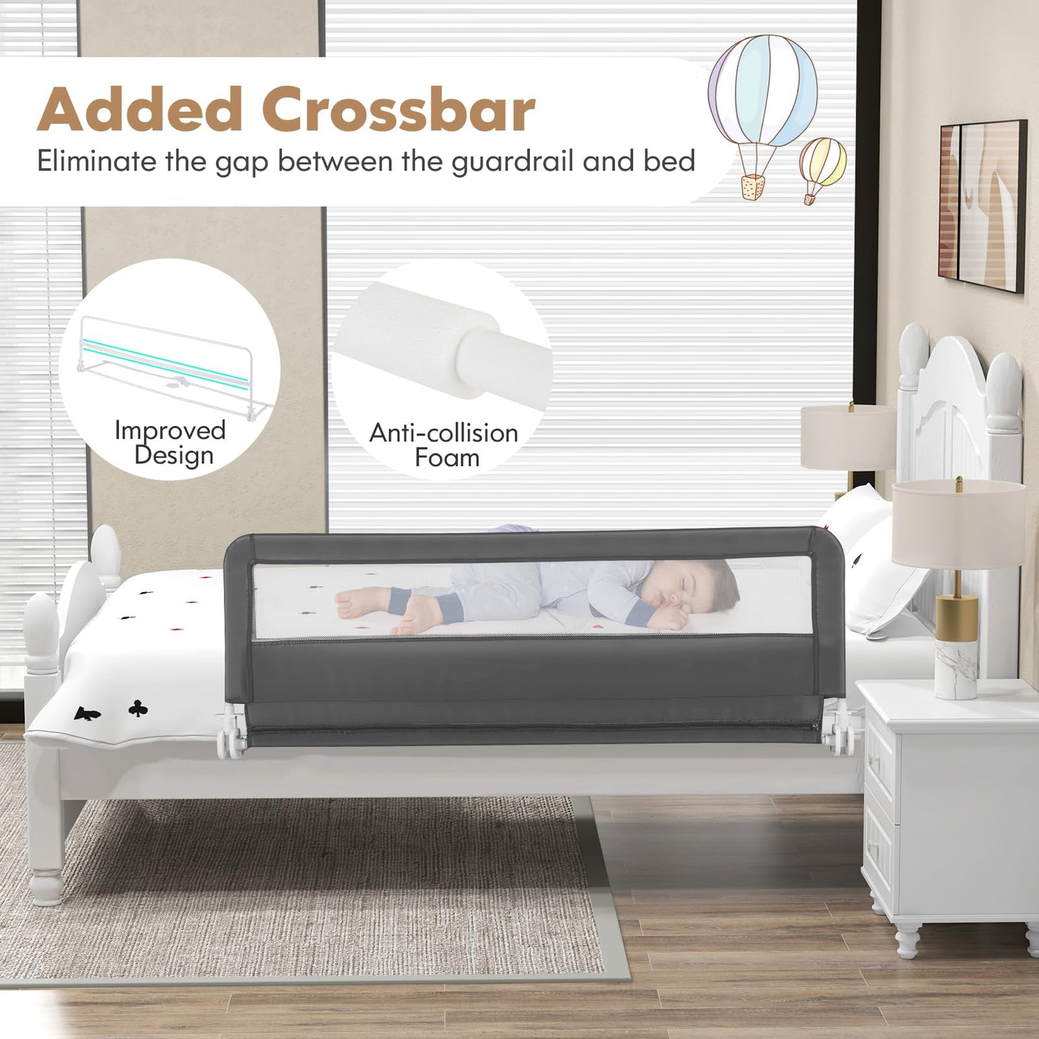 GYMAX Baby Bed Rail, Foldable Mesh Bedside Guardrail with Adjustable Fastening Belt