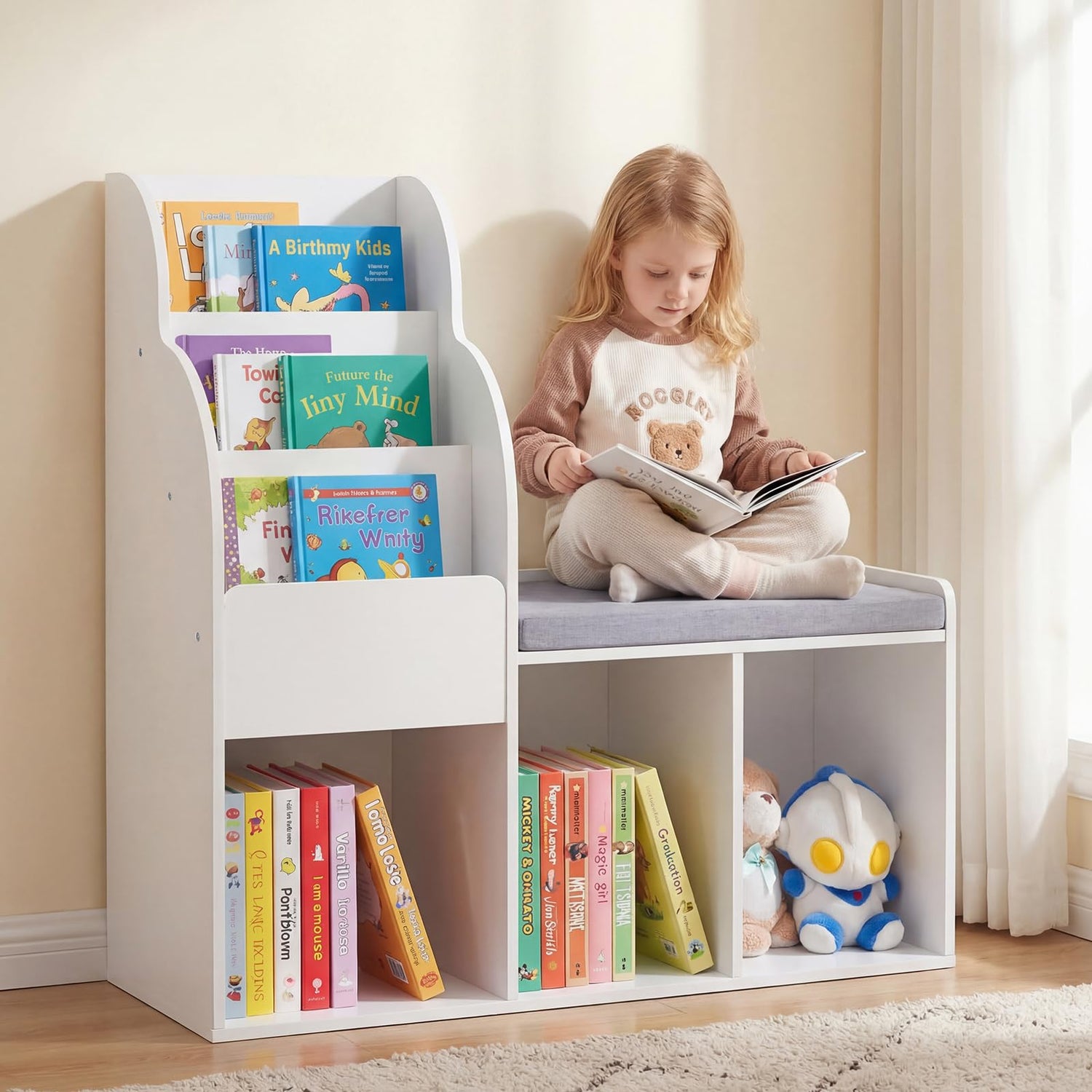 Kids Reading Nook with Bench Wooden Toddler Bookcase with 3 Storage Cubbies