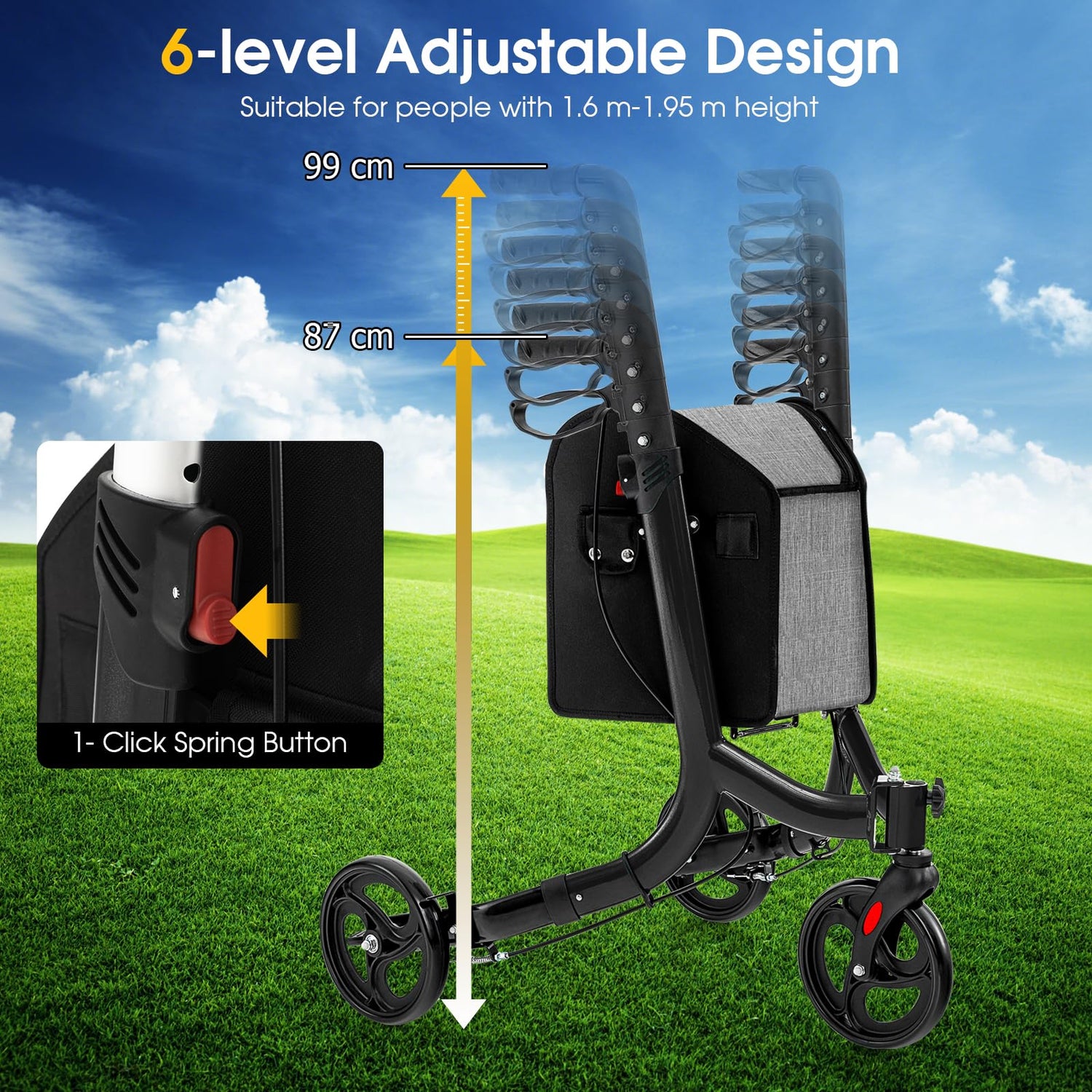 GYMAX Rollator Walkers Foldable 3 Wheel Medical Walking Aid with Adjustable Handle