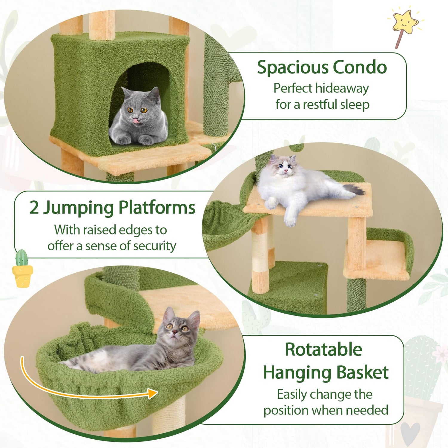 160 CM Cactus Cat Tree with Sisal Scratching Posts for Indoor Cats